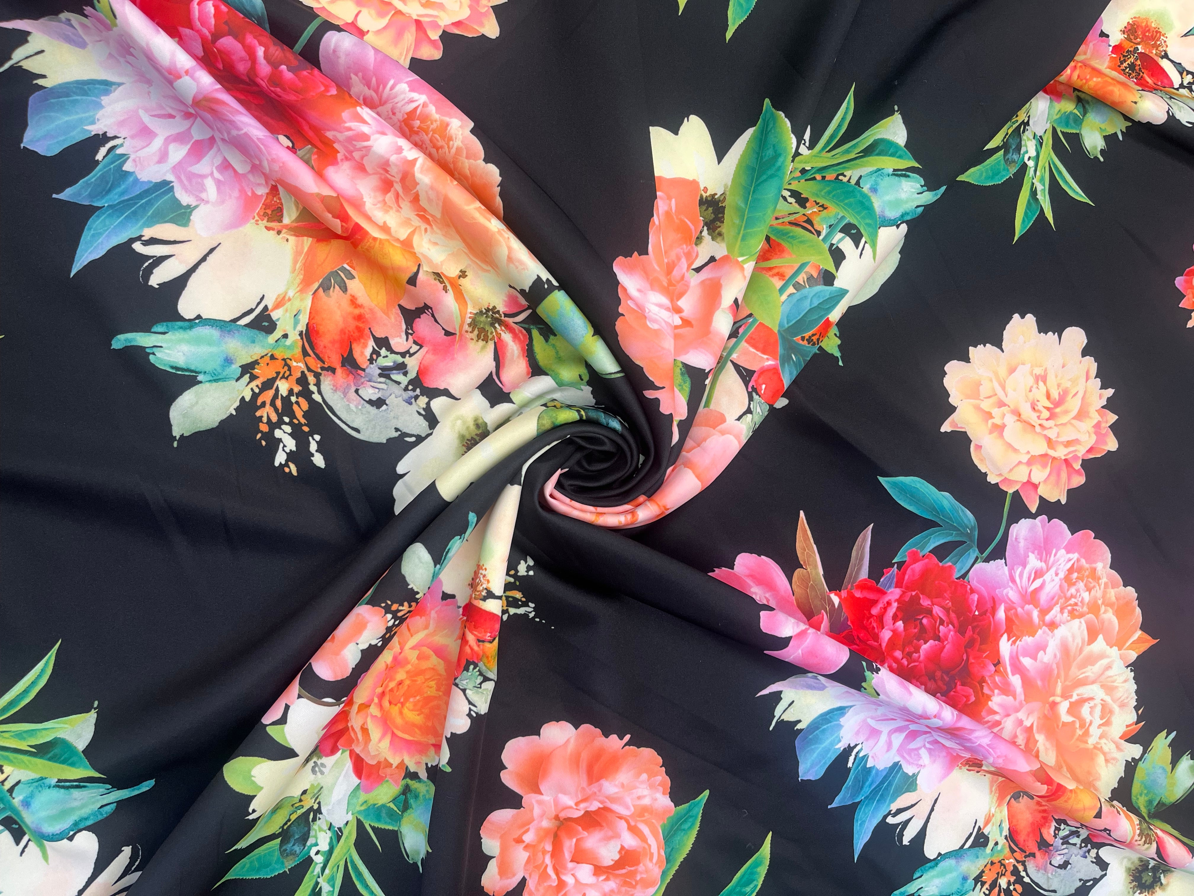 Black Peony Floral Print Scuba Fabric – Vibrant Garden Bloom