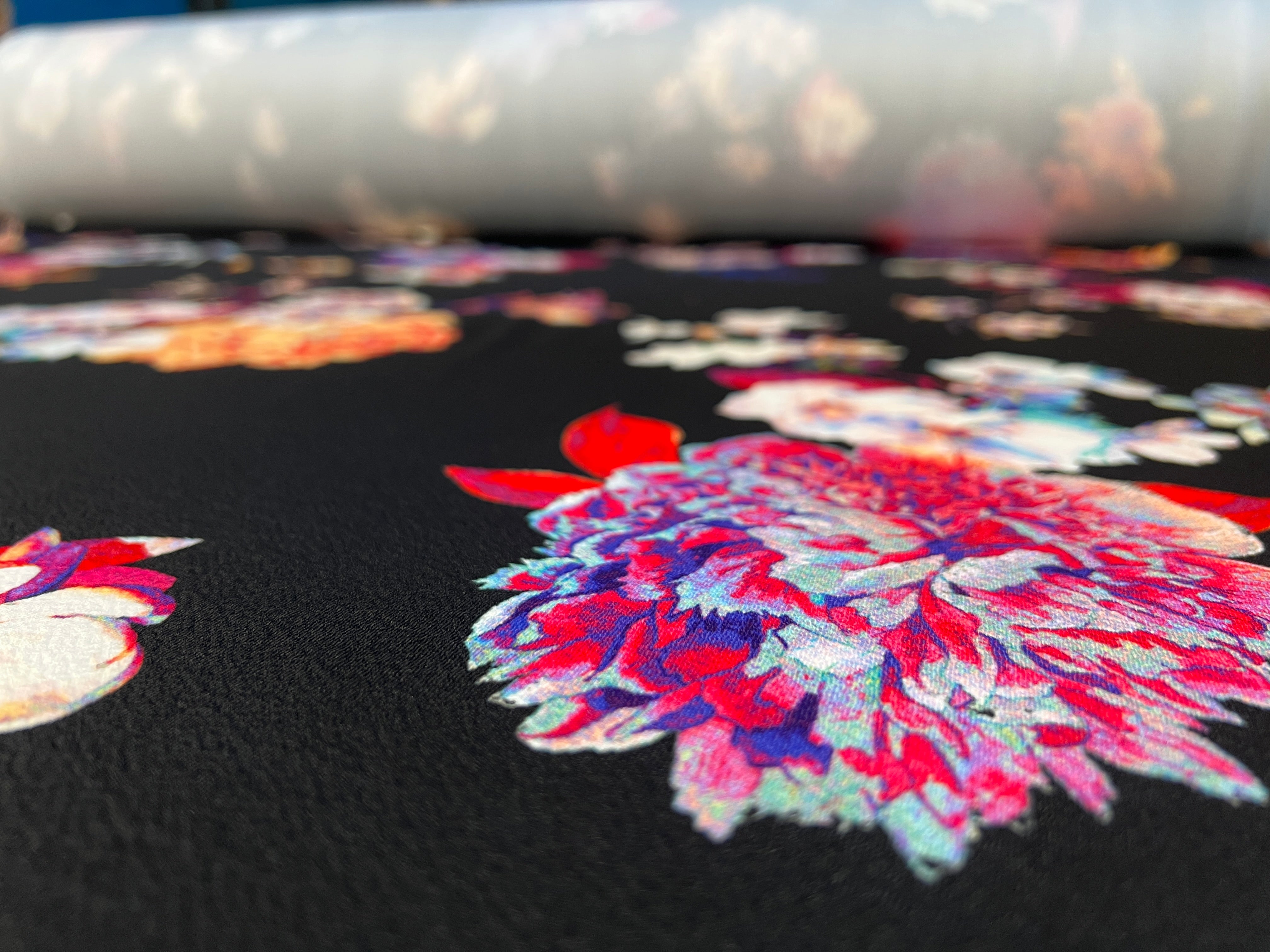 Black Multicolour Floral Liverpool Fabric – Textured Stretch Knit, 148cm Wide Dress Fabric