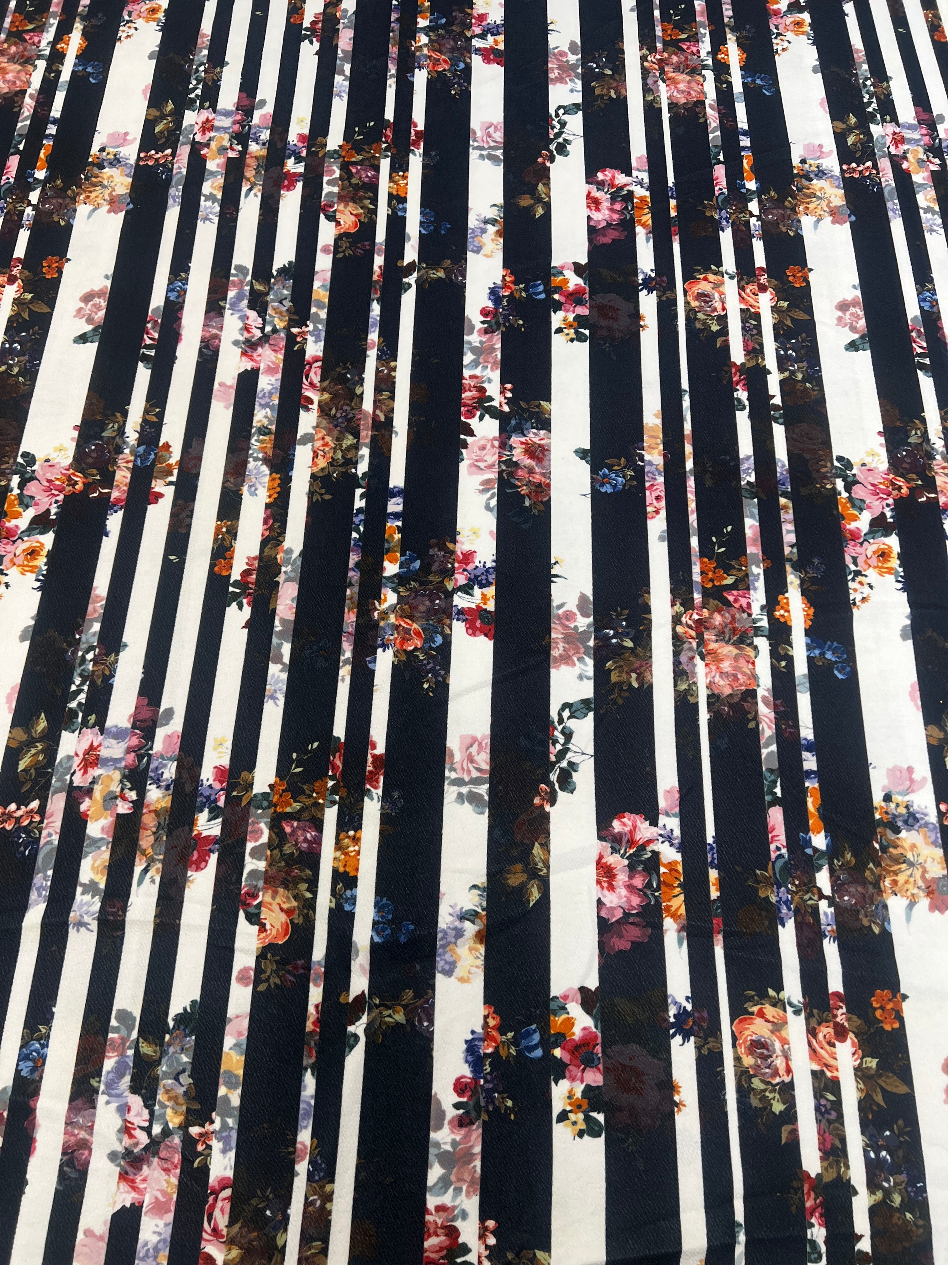 Black & White Floral Stripe Liverpool Fabric