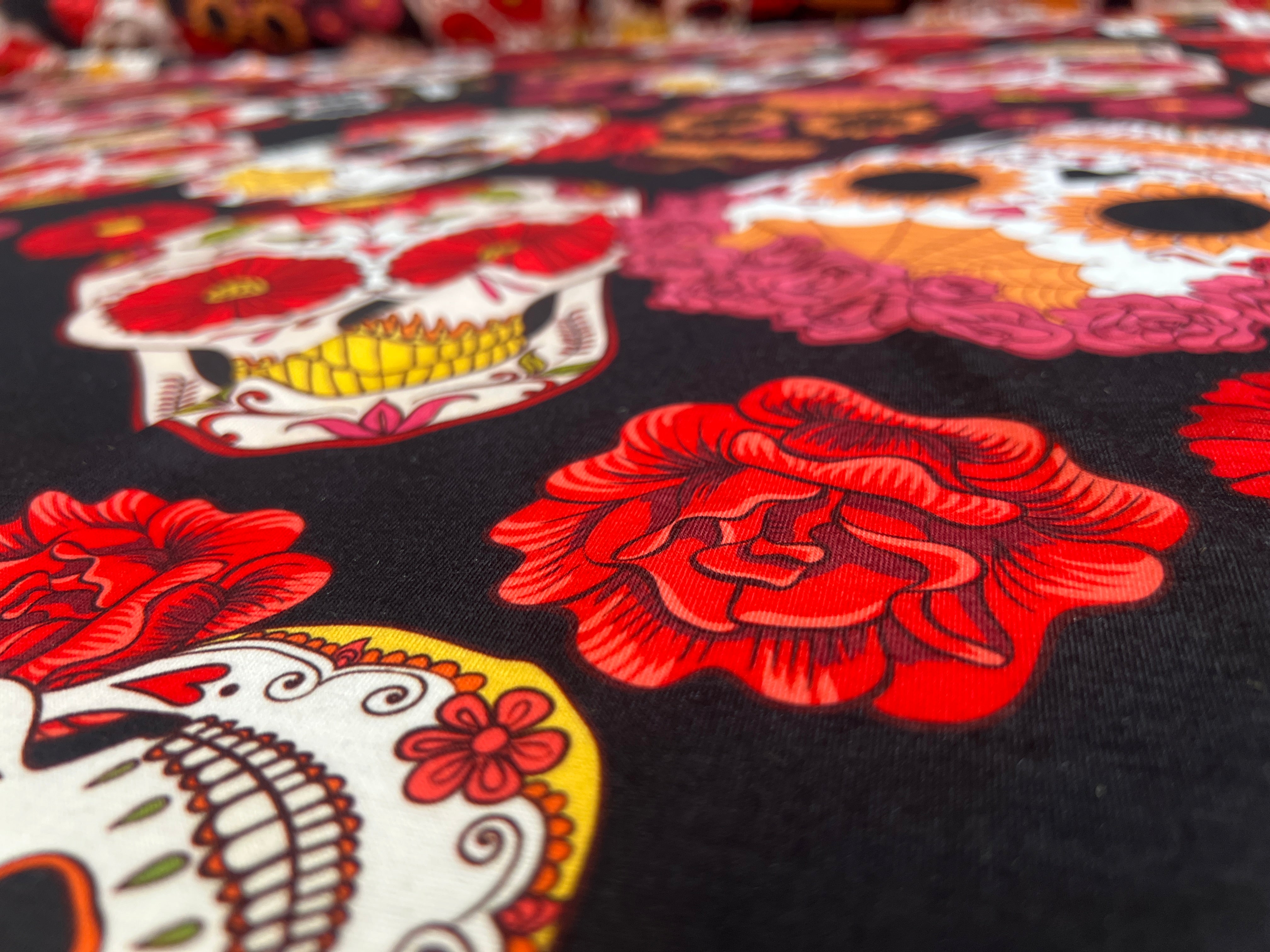 Sugar Skull Black Floral Halloween Dressmaking Fabric