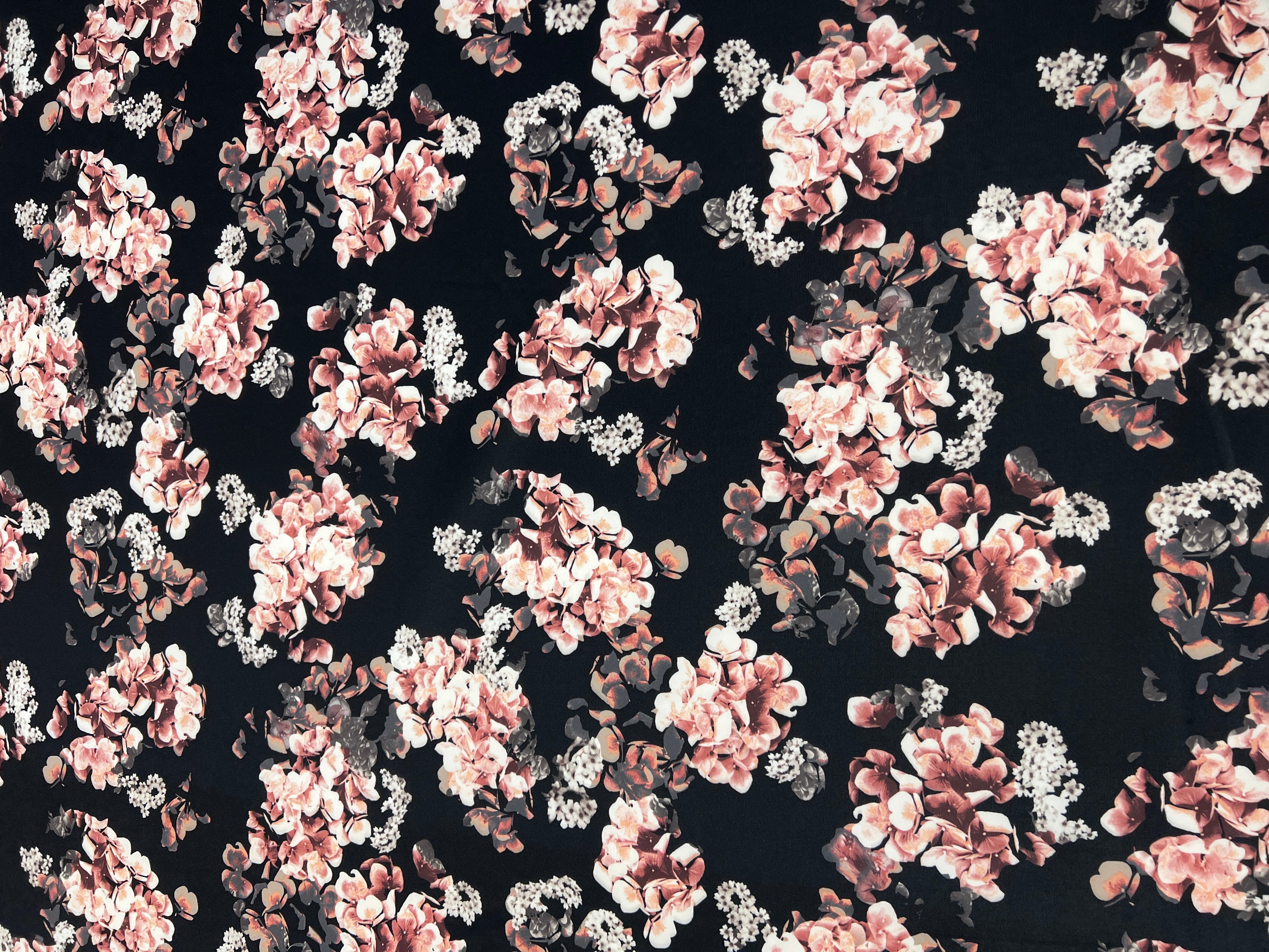 Blush Hydrangea Floral Scuba Fabric – Black, Pink & Ivory