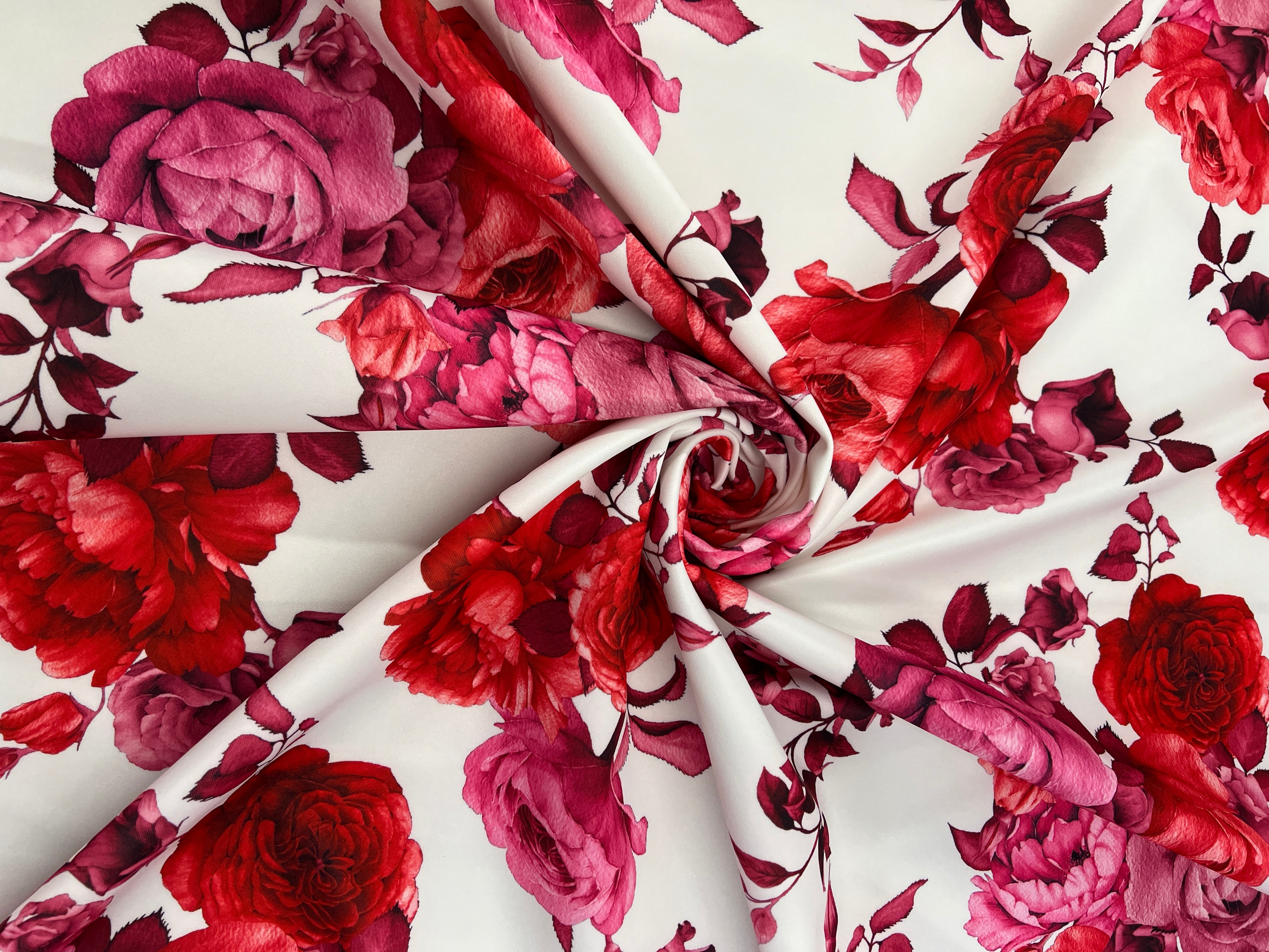 Crimson Rose Floral Scuba Fabric – White, Red & Pink