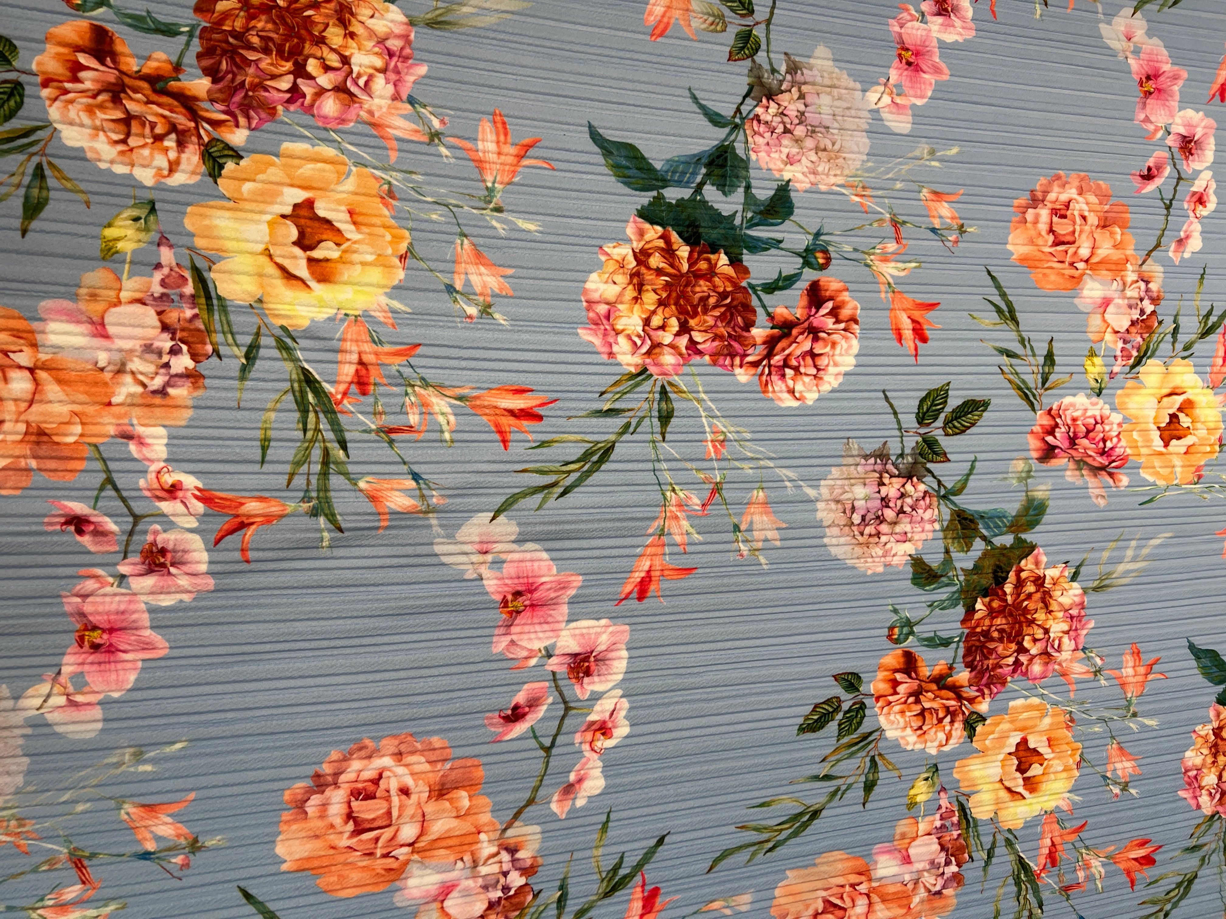 Powder Blue & Peach Garden Rose Floral Plissé Fabric – peach garden roses and yellow peonies on powder blue pleated fabric