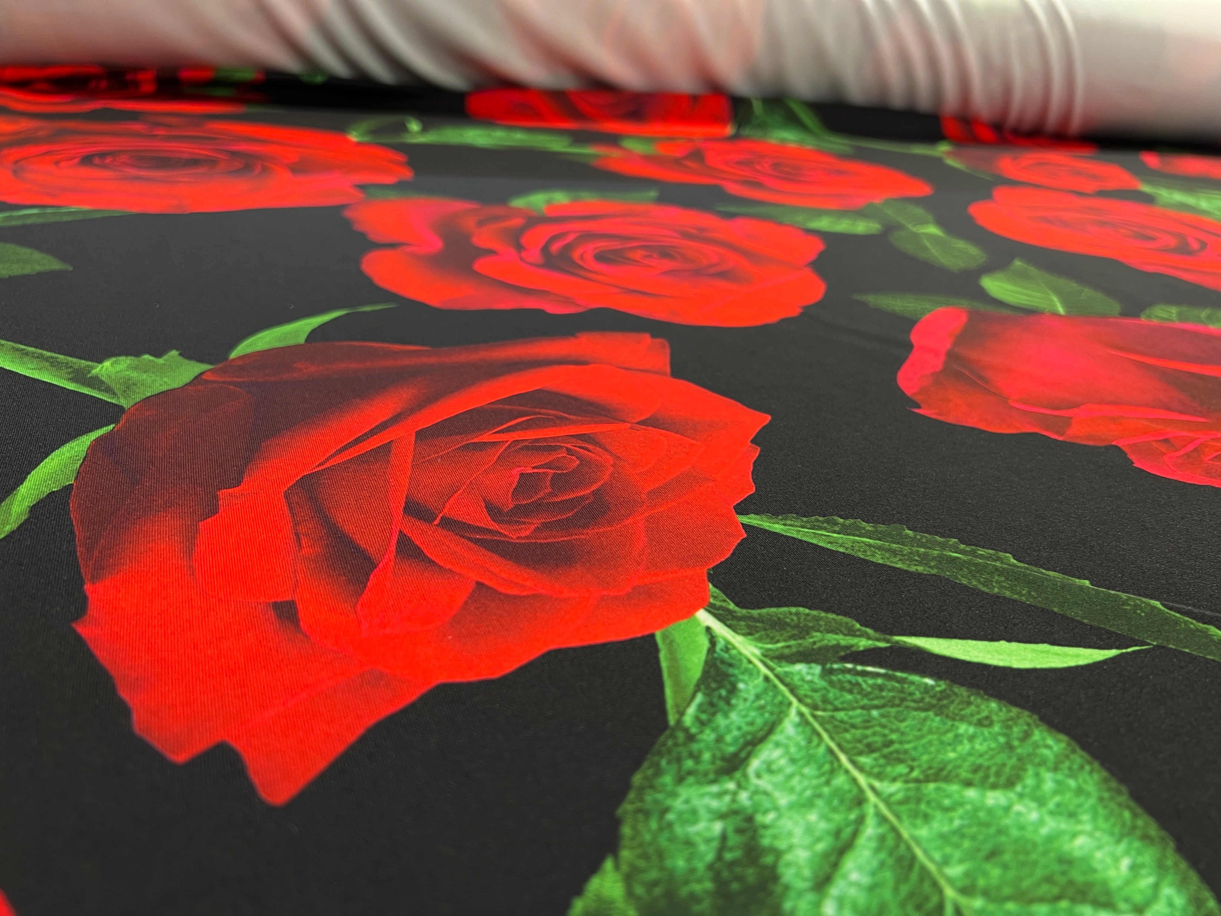 Scarlet Red Rose Floral Scuba Crepe Fabric – Black & Green