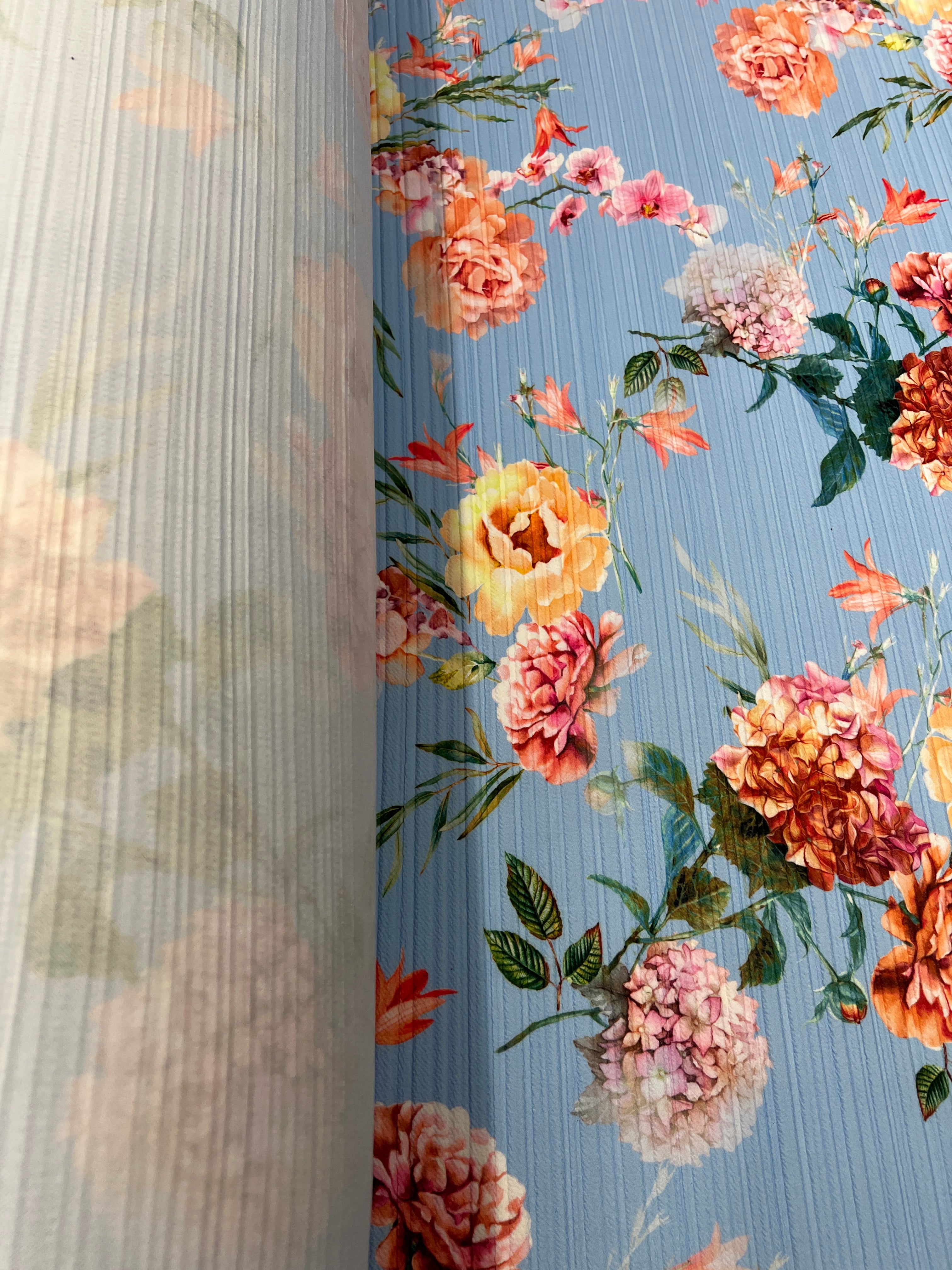 Powder Blue & Peach Garden Rose Floral Plissé Fabric – peach garden roses and yellow peonies on powder blue pleated fabric
