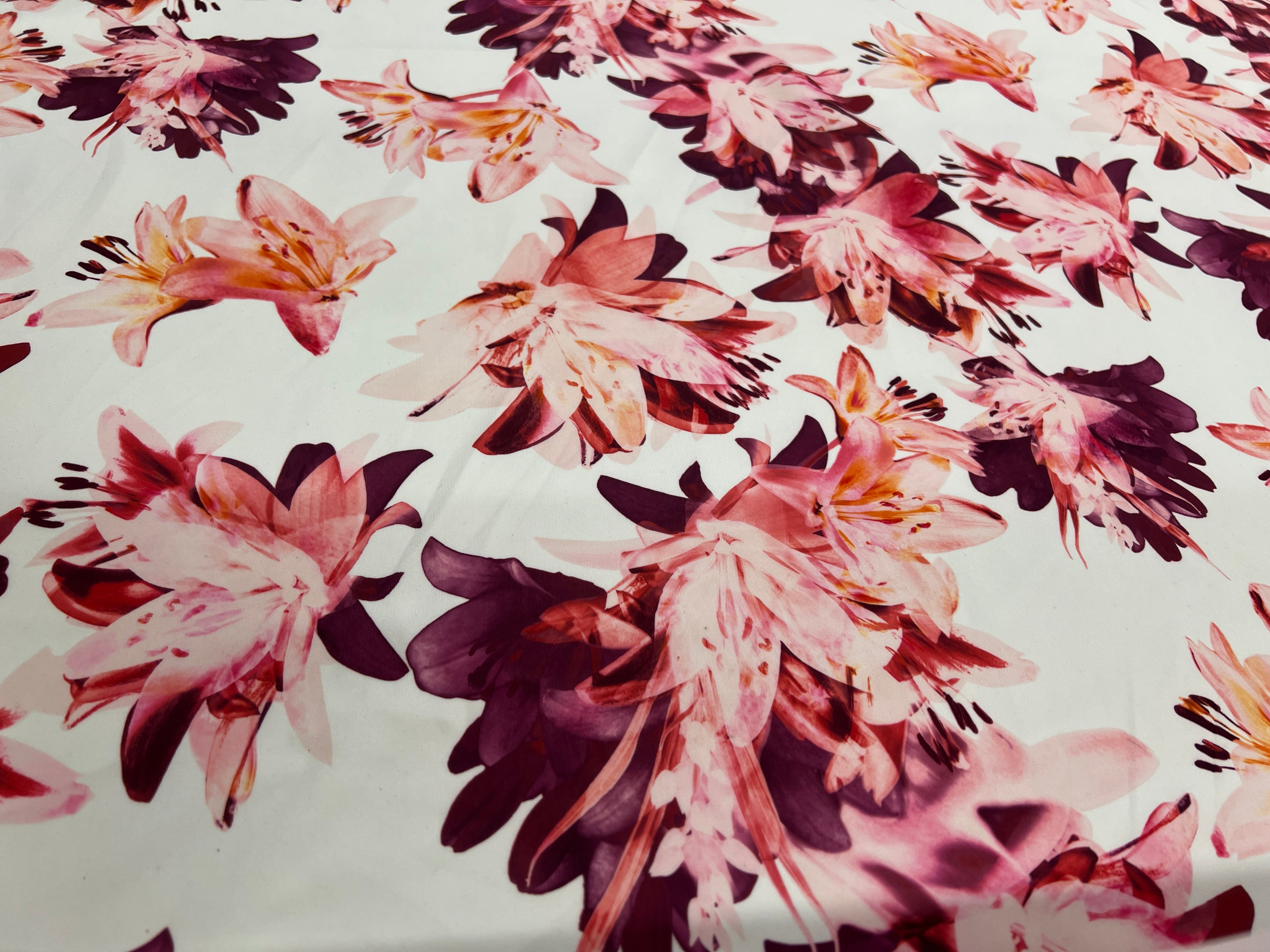 Pink Lily Floral Scuba Fabric – Burgundy & Blush Flower Print