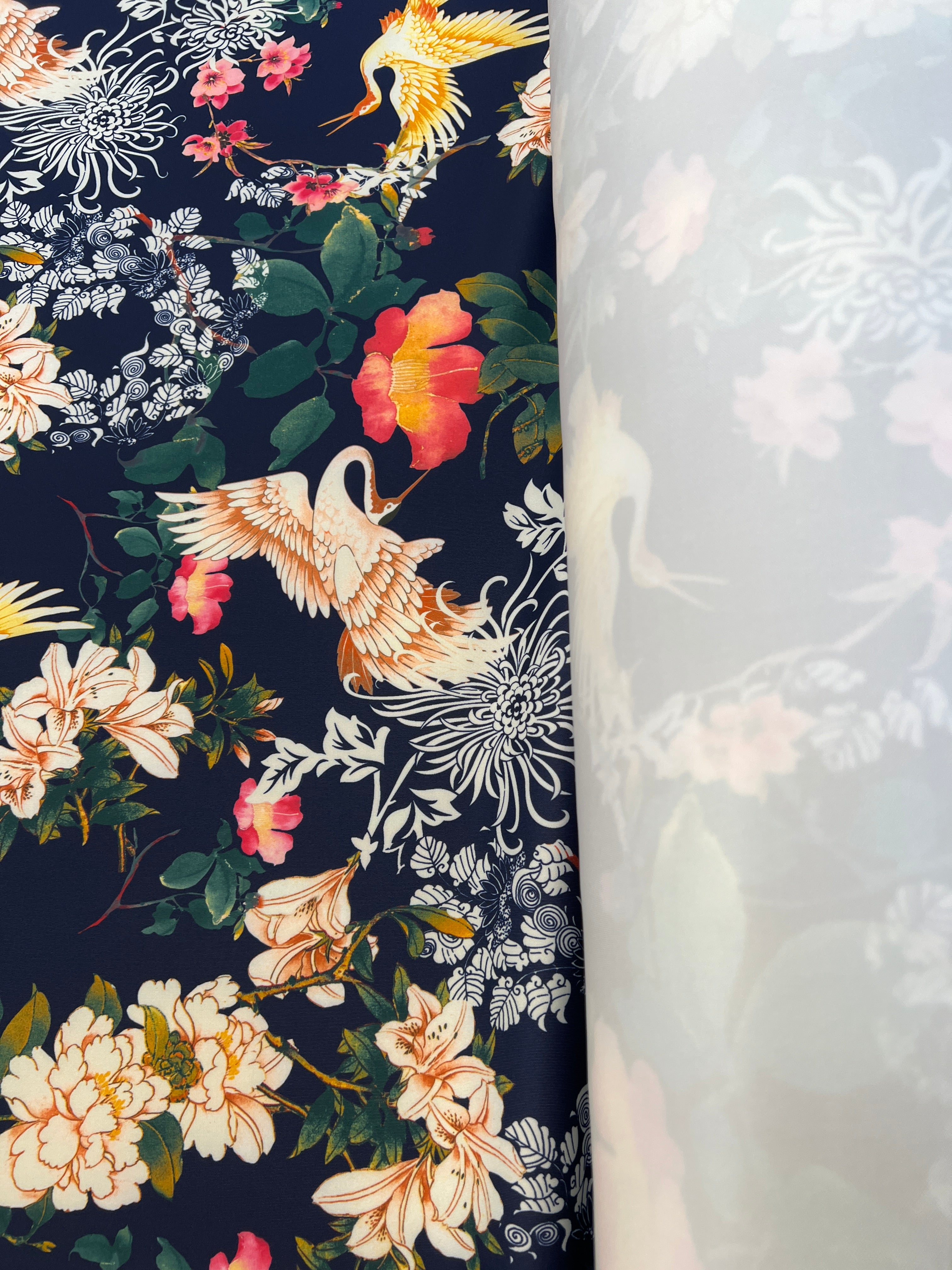 Navy Oriental Crane Floral Scuba Fabric – Japanese Botanical Print