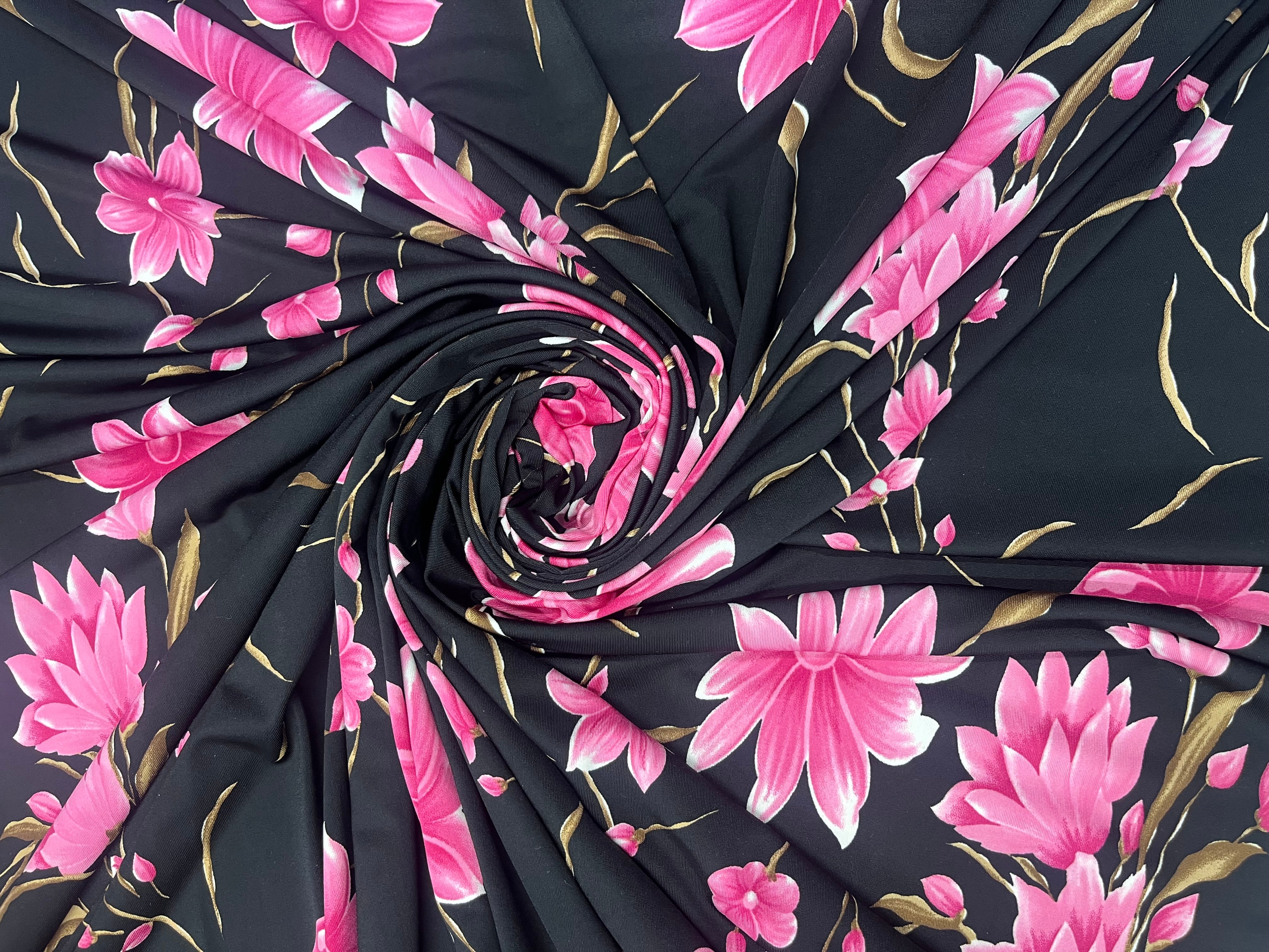 Black & Fuchsia Floral Soft Touch Slinky Fabric 143cm wide