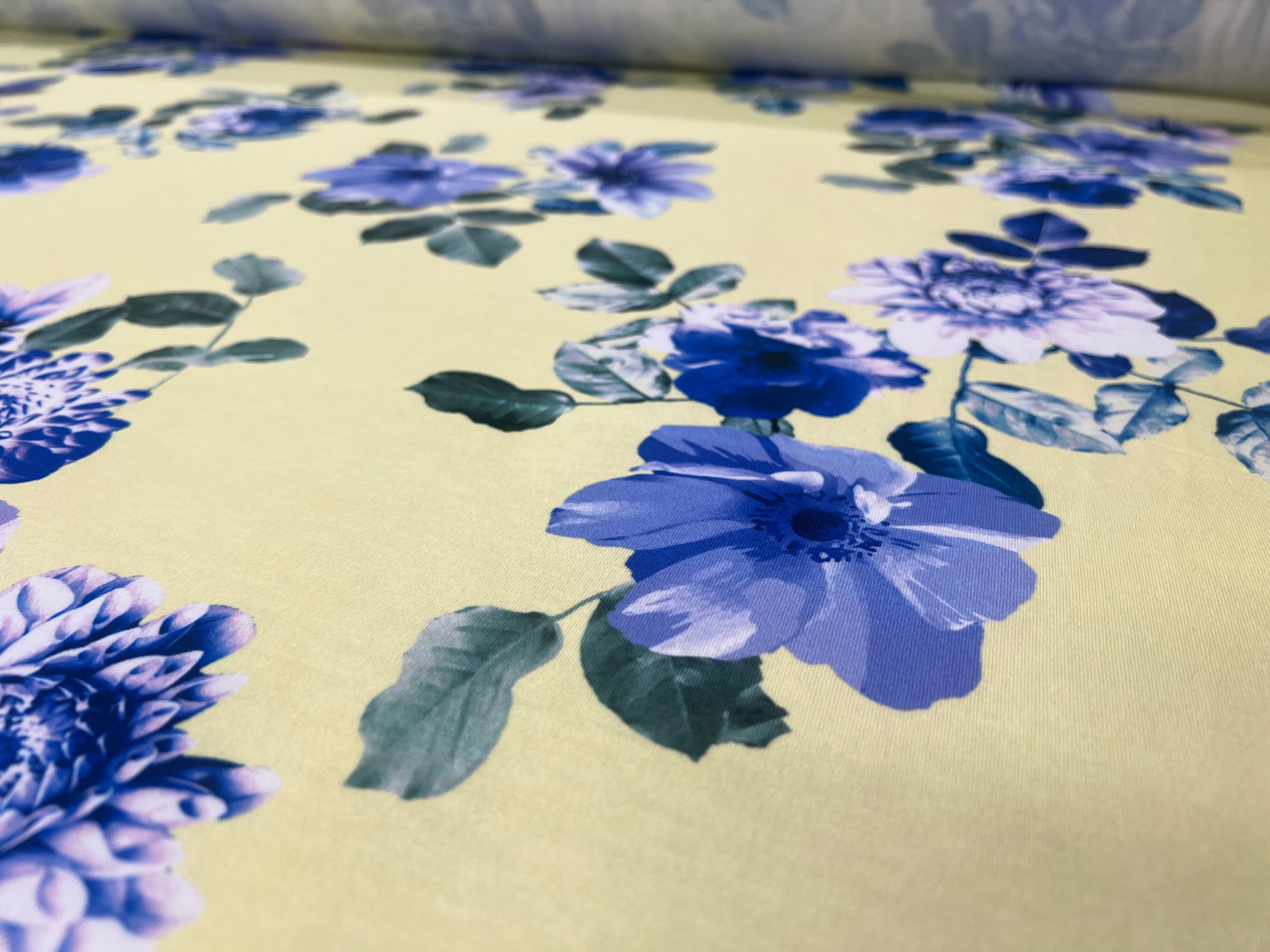 Lemon Yellow Blue Floral Single Jersey Fabric Dressmaking