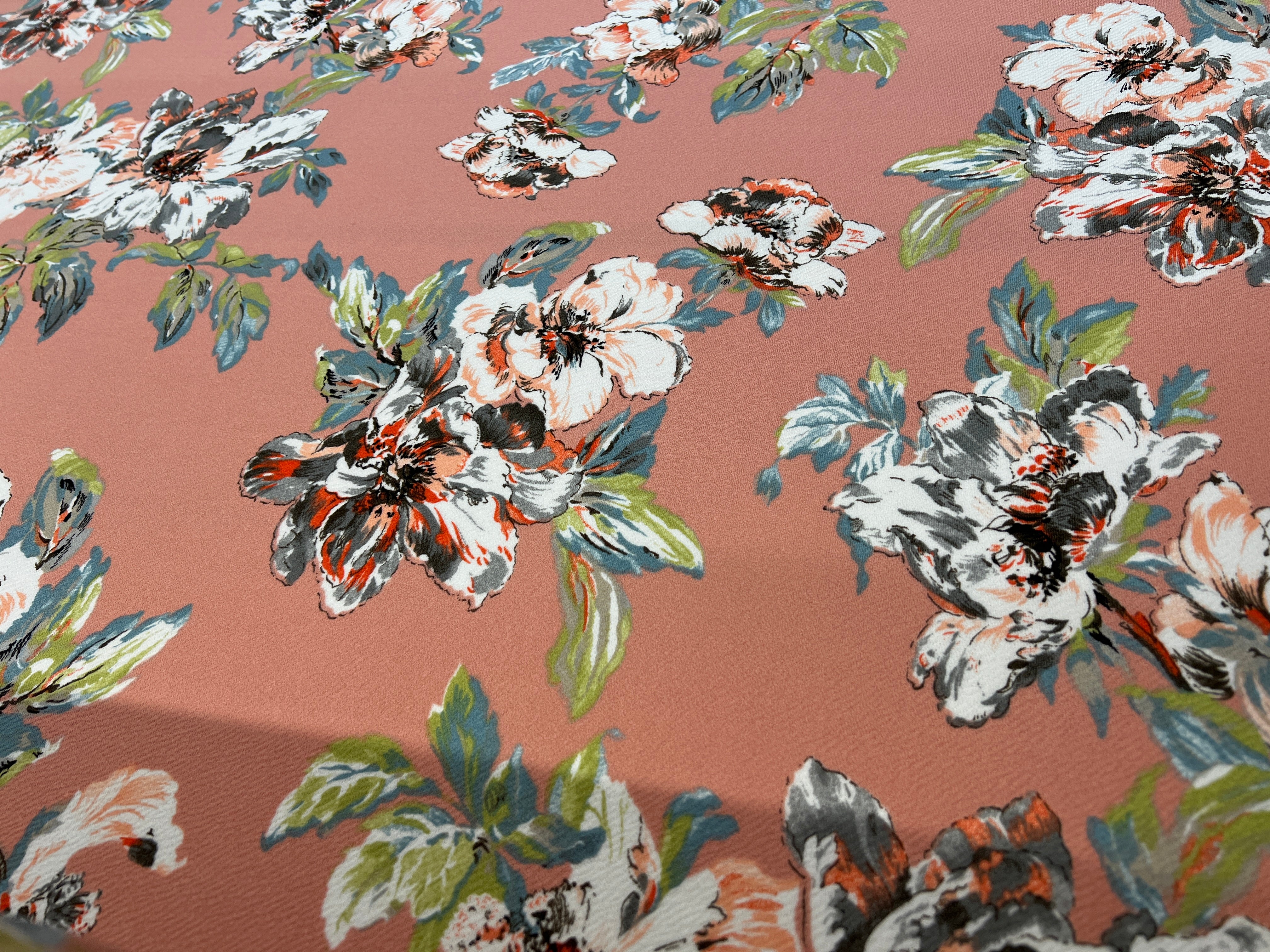 Dusty Rose & Ivory Painterly Floral Liverpool Knit Fabric – ivory and charcoal painterly flowers with sage leaves on a dusty rose ground