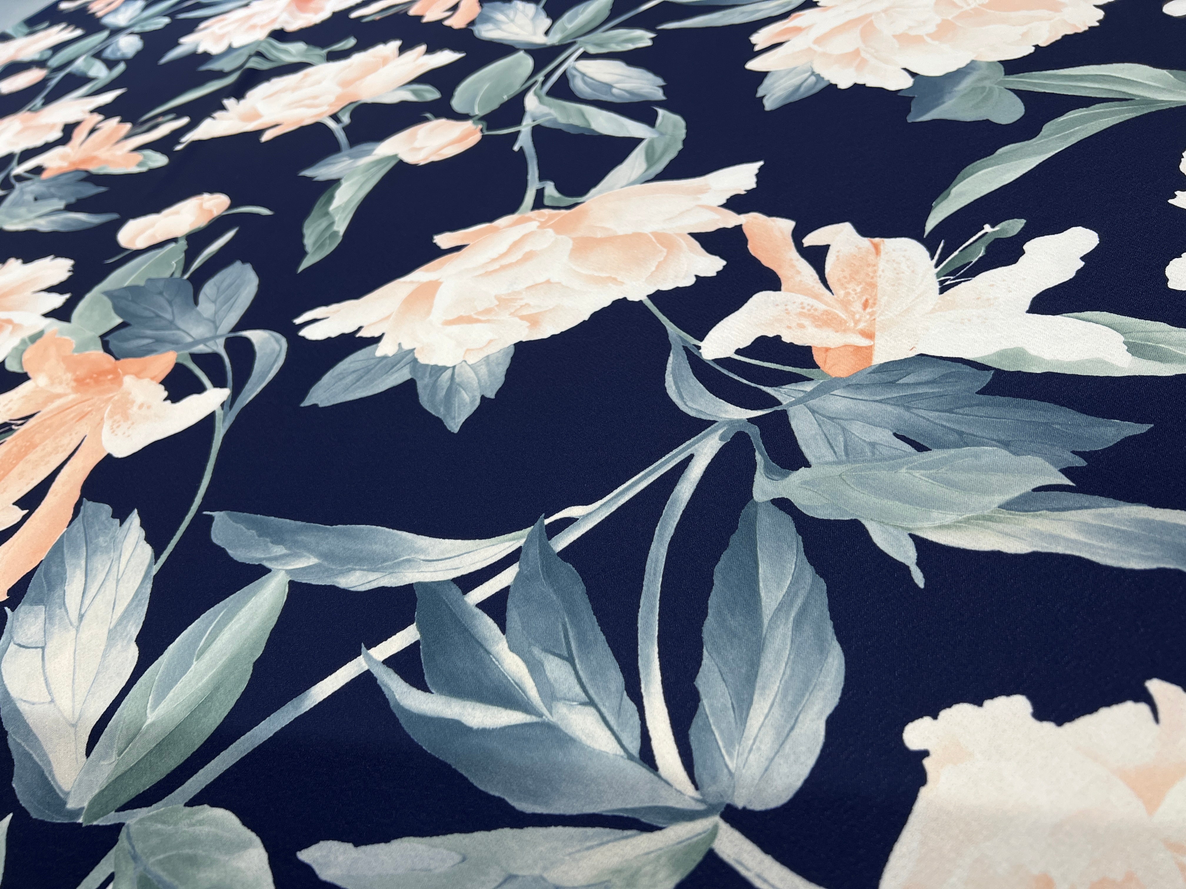 Blush Peony Floral Liverpool Fabric – Navy Blue & Sage