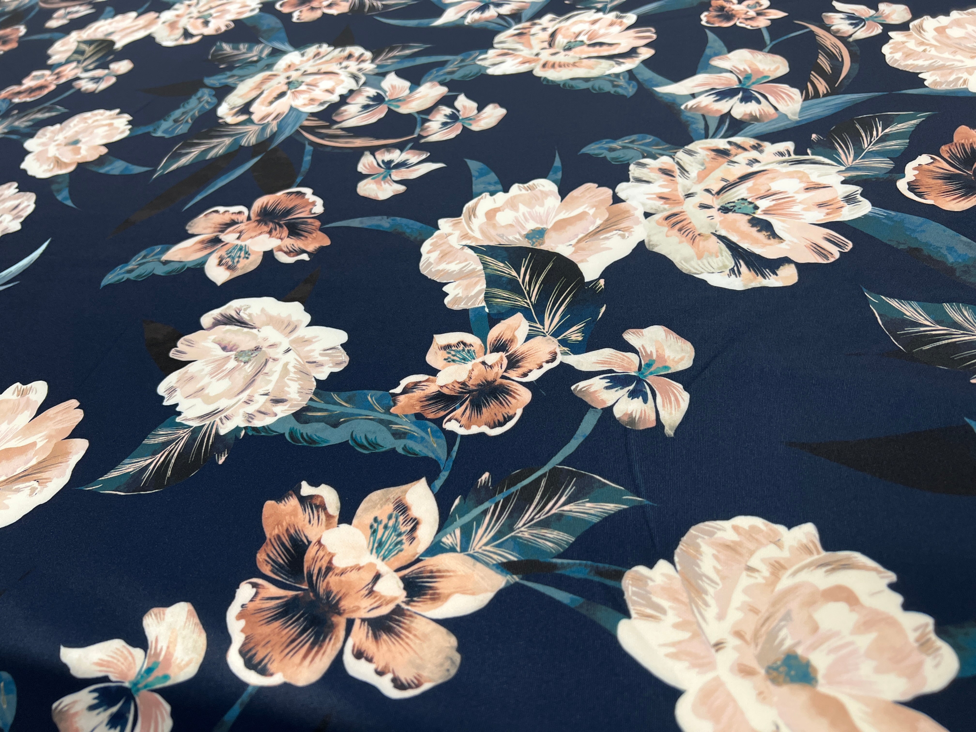 Peach Blossom Floral Scuba Fabric – Navy Blue & Teal