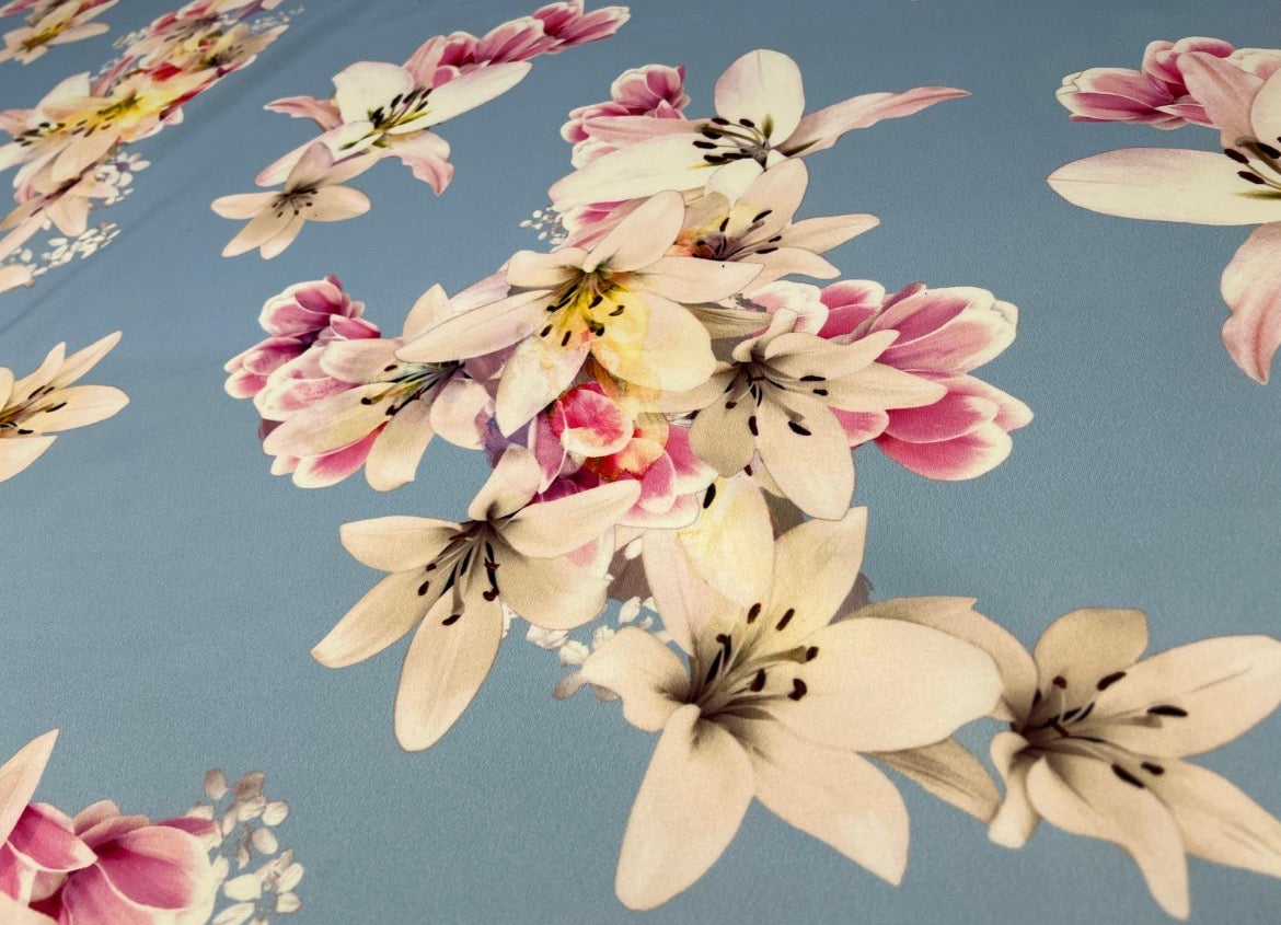 Powder Blue Lily Floral Scuba Crepe Fabric - Pink & Cream