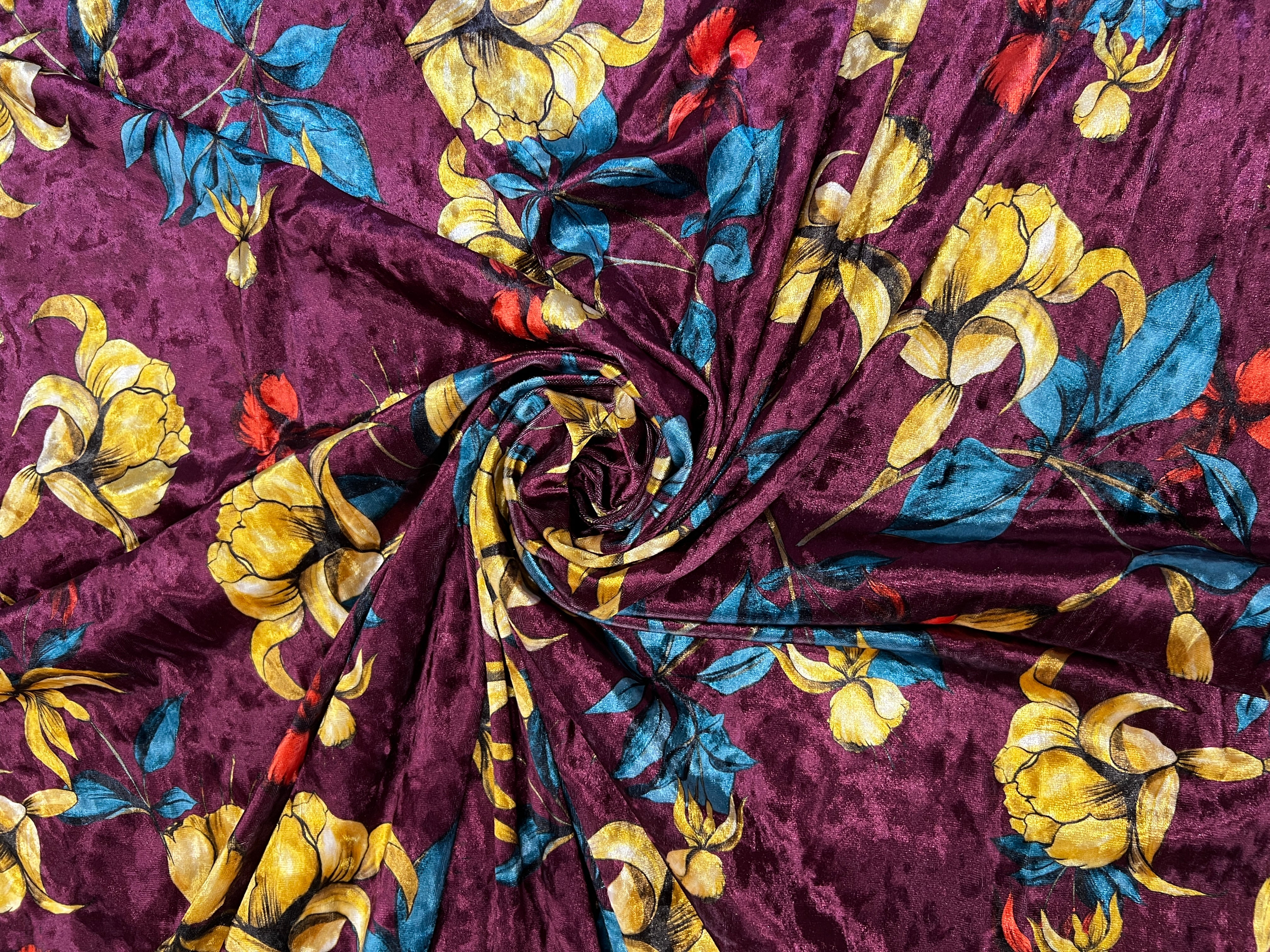 Golden Iris Floral Velvet Fabric – Burgundy, Teal & Gold