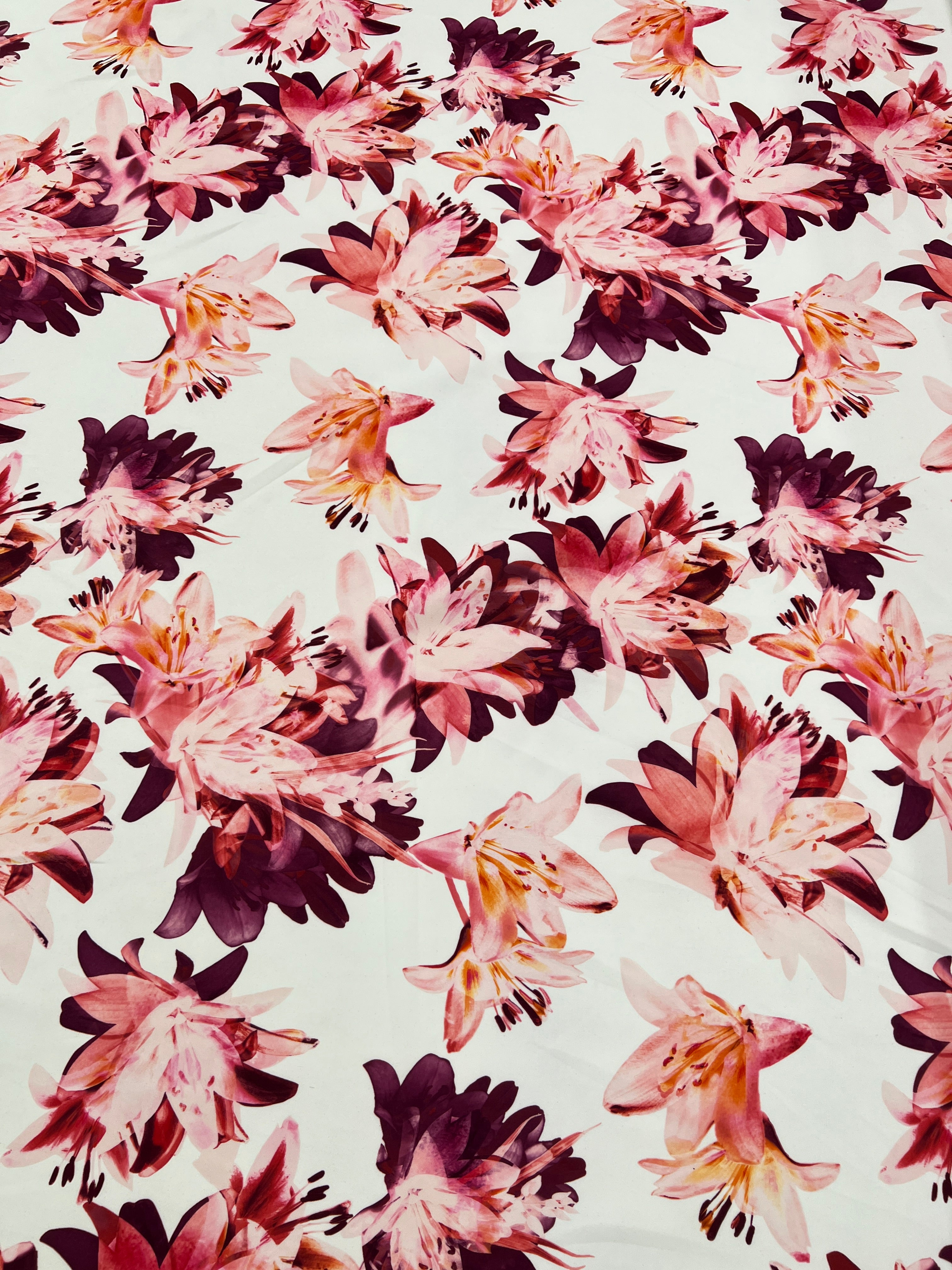 Pink Lily Floral Scuba Fabric – Burgundy & Blush Flower Print