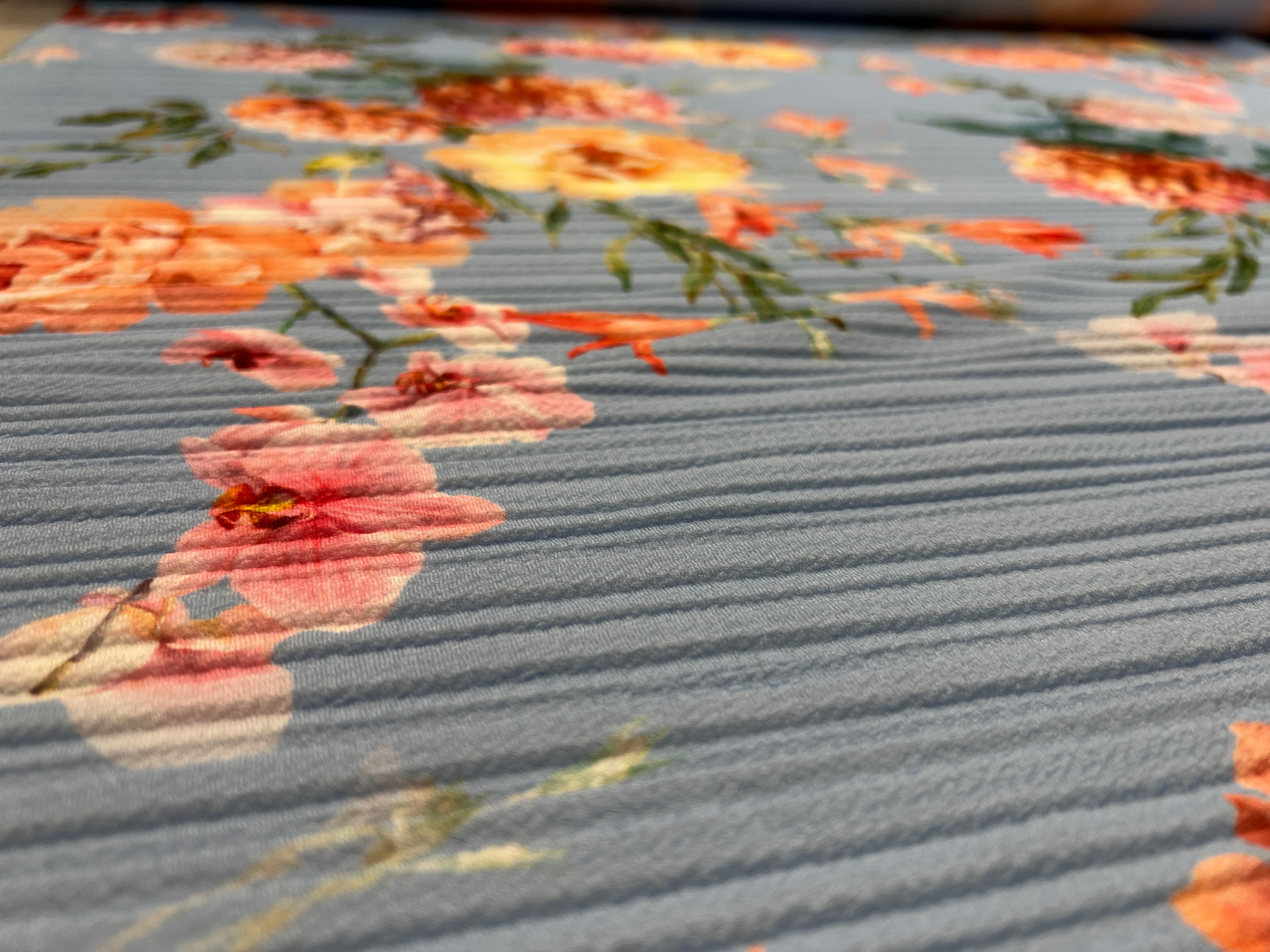 Powder Blue & Peach Garden Rose Floral Plissé Fabric – peach garden roses and yellow peonies on powder blue pleated fabric