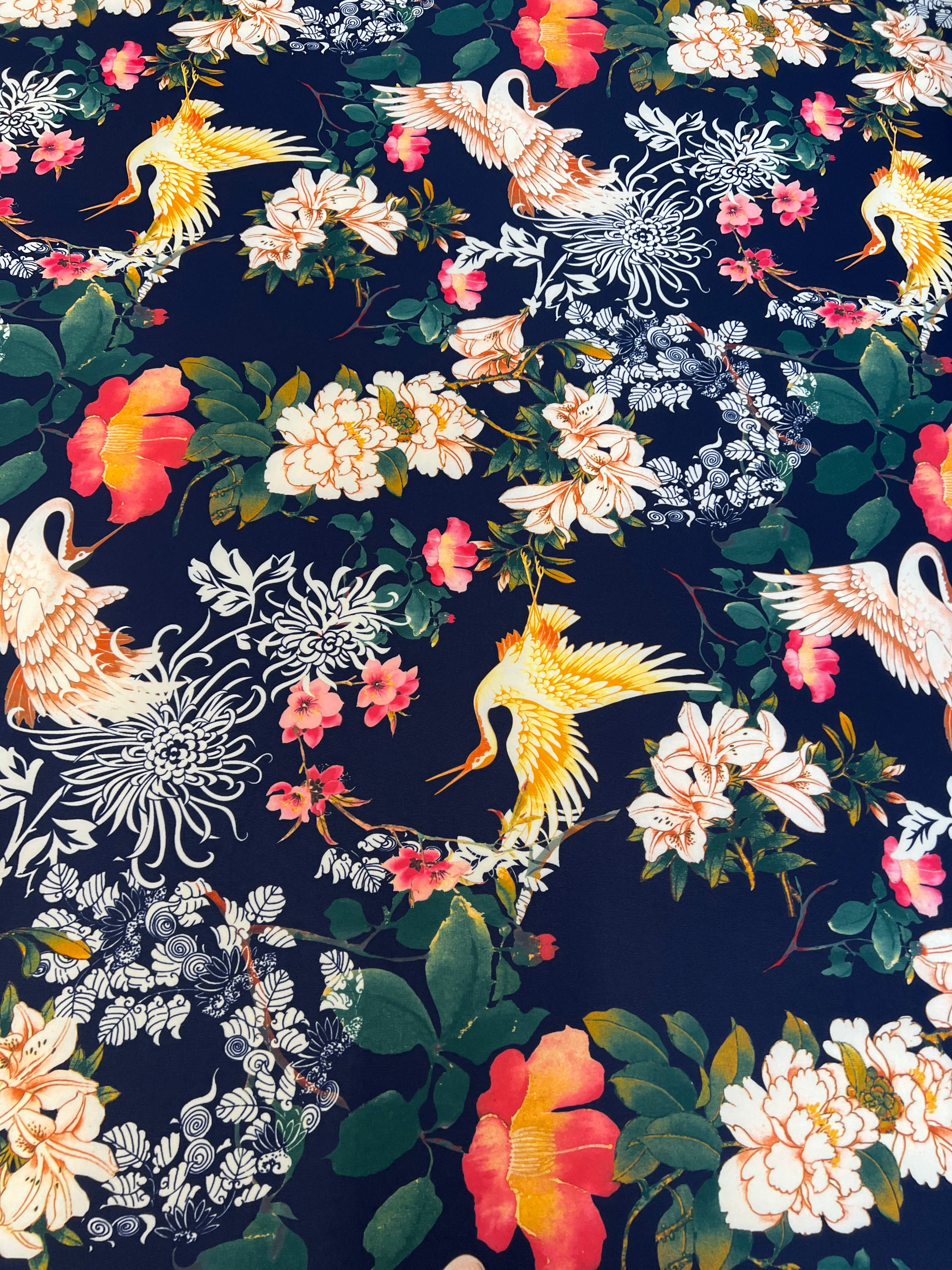 Navy Oriental Crane Floral Scuba Fabric – Japanese Botanical Print