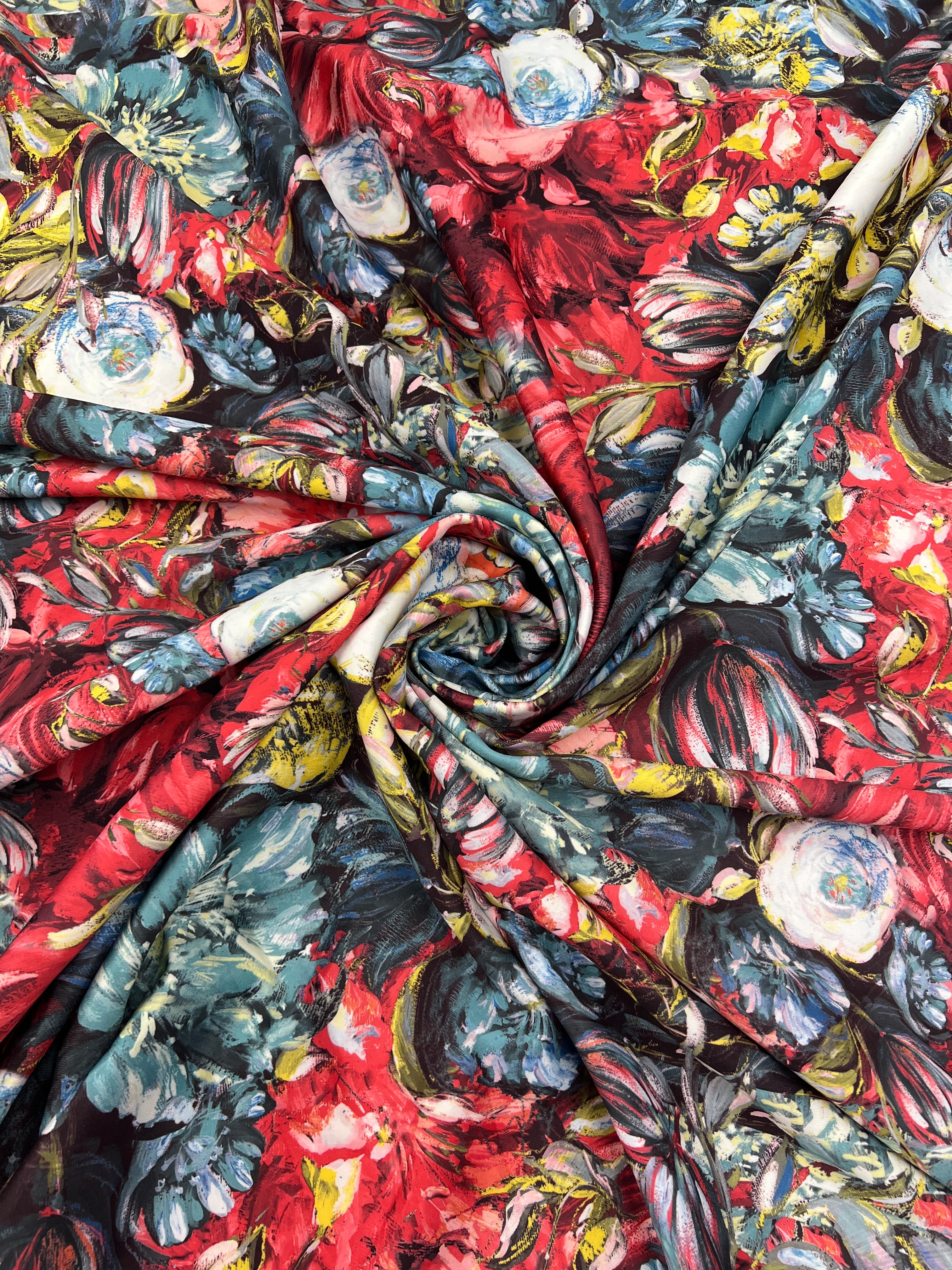 Abstract Floral Lightweight Scuba Fabric – Red Blue & Black Flower Print