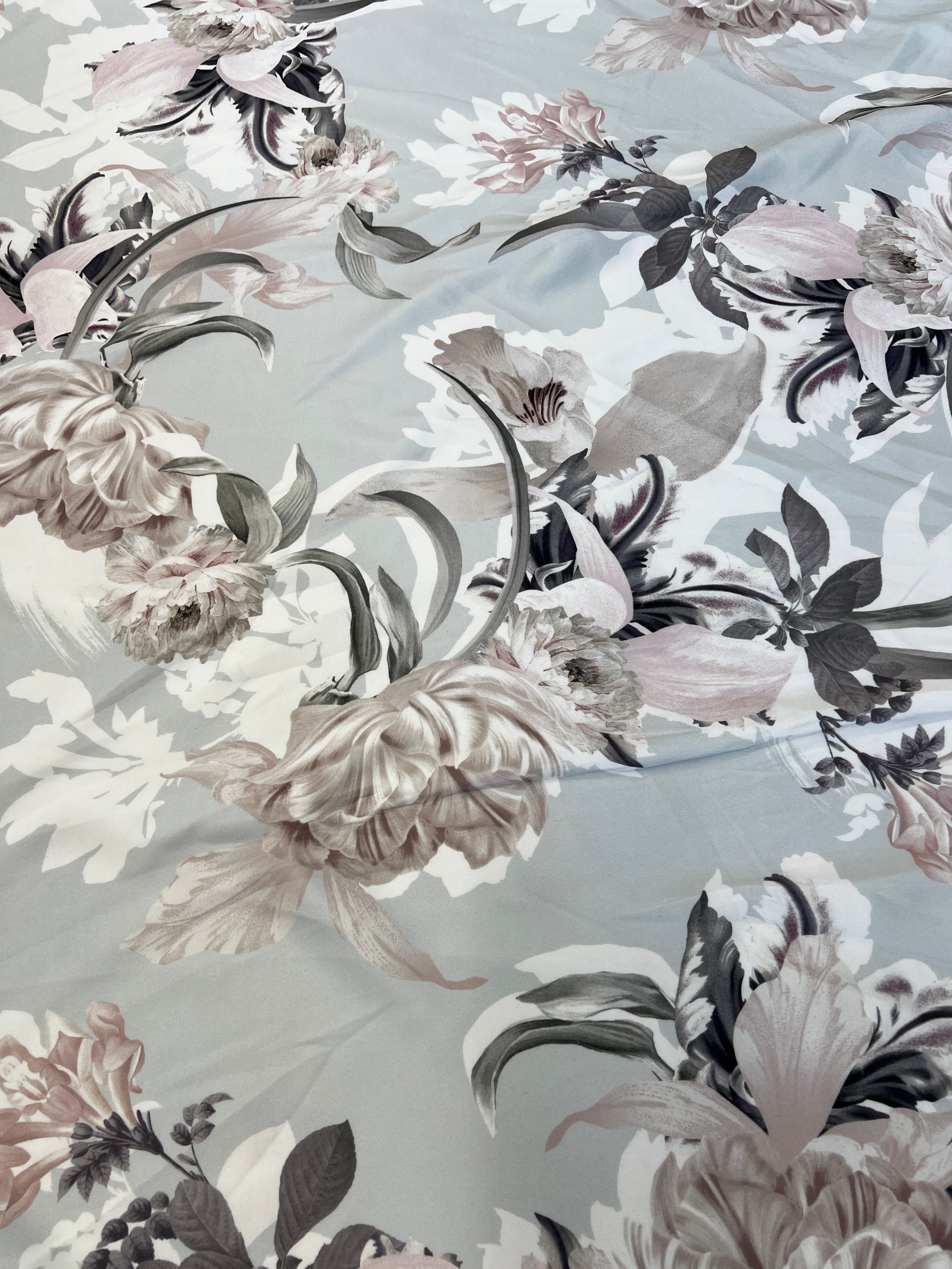 Soft Blush Botanical Floral Scuba Fabric – Pale Grey & Pink