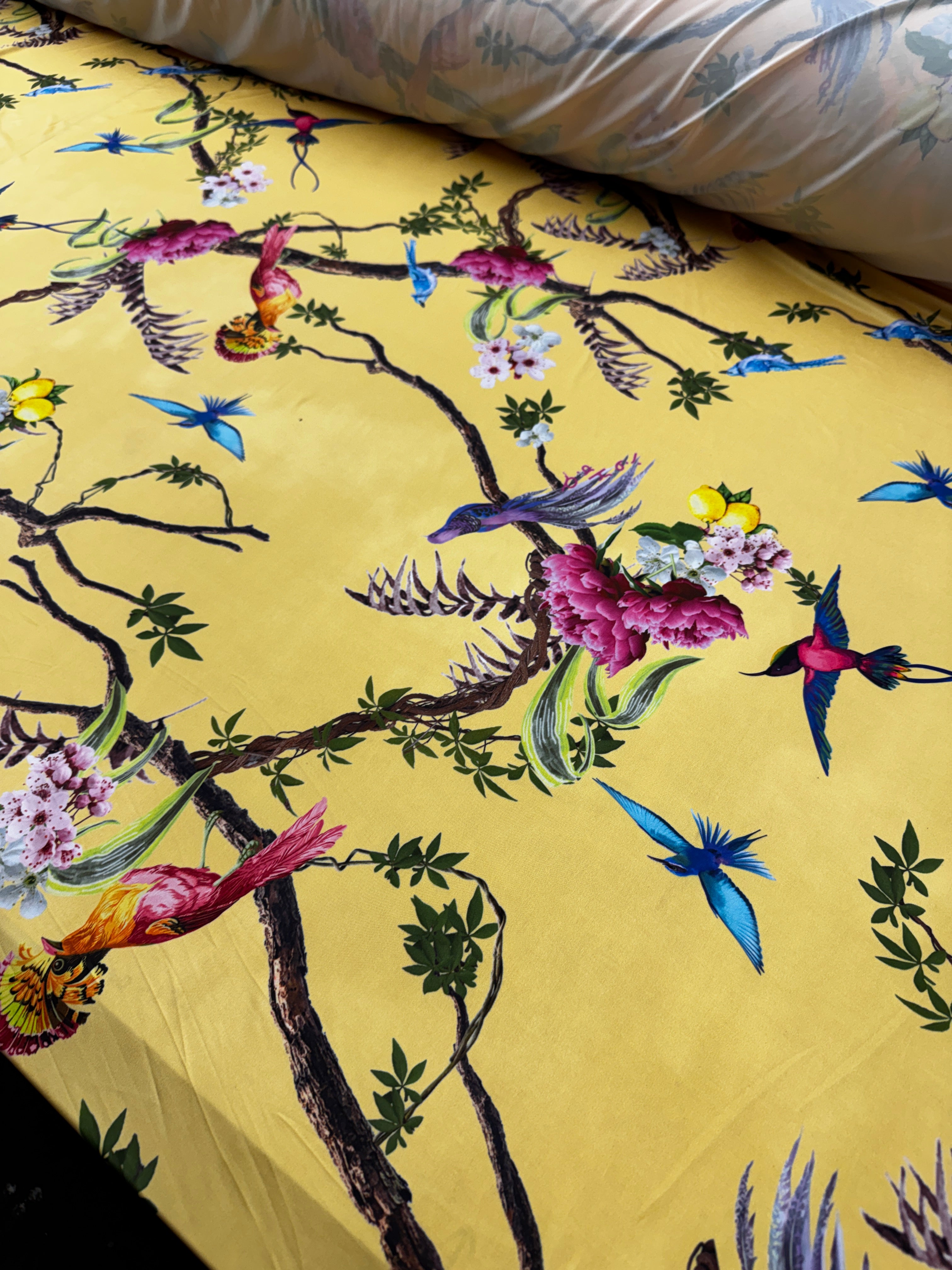 Yellow Bird & Blossom Slinky Fabric – Soft Touch Stretch Jersey, 147cm Wide