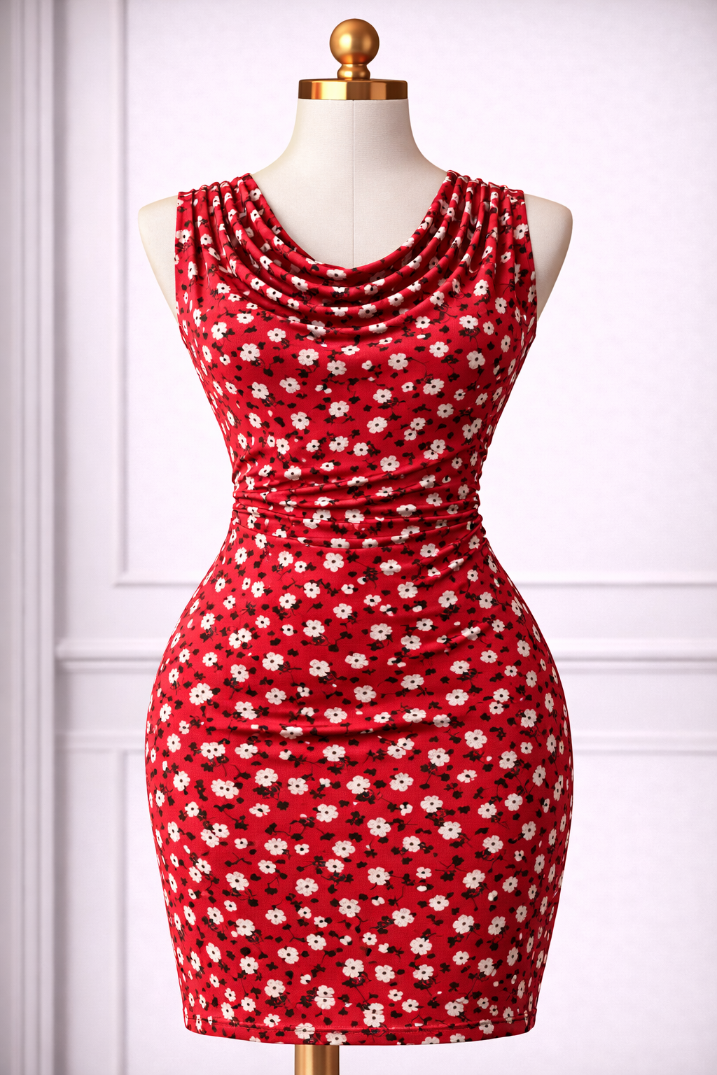 Red floral dress on a mannequin against a white background