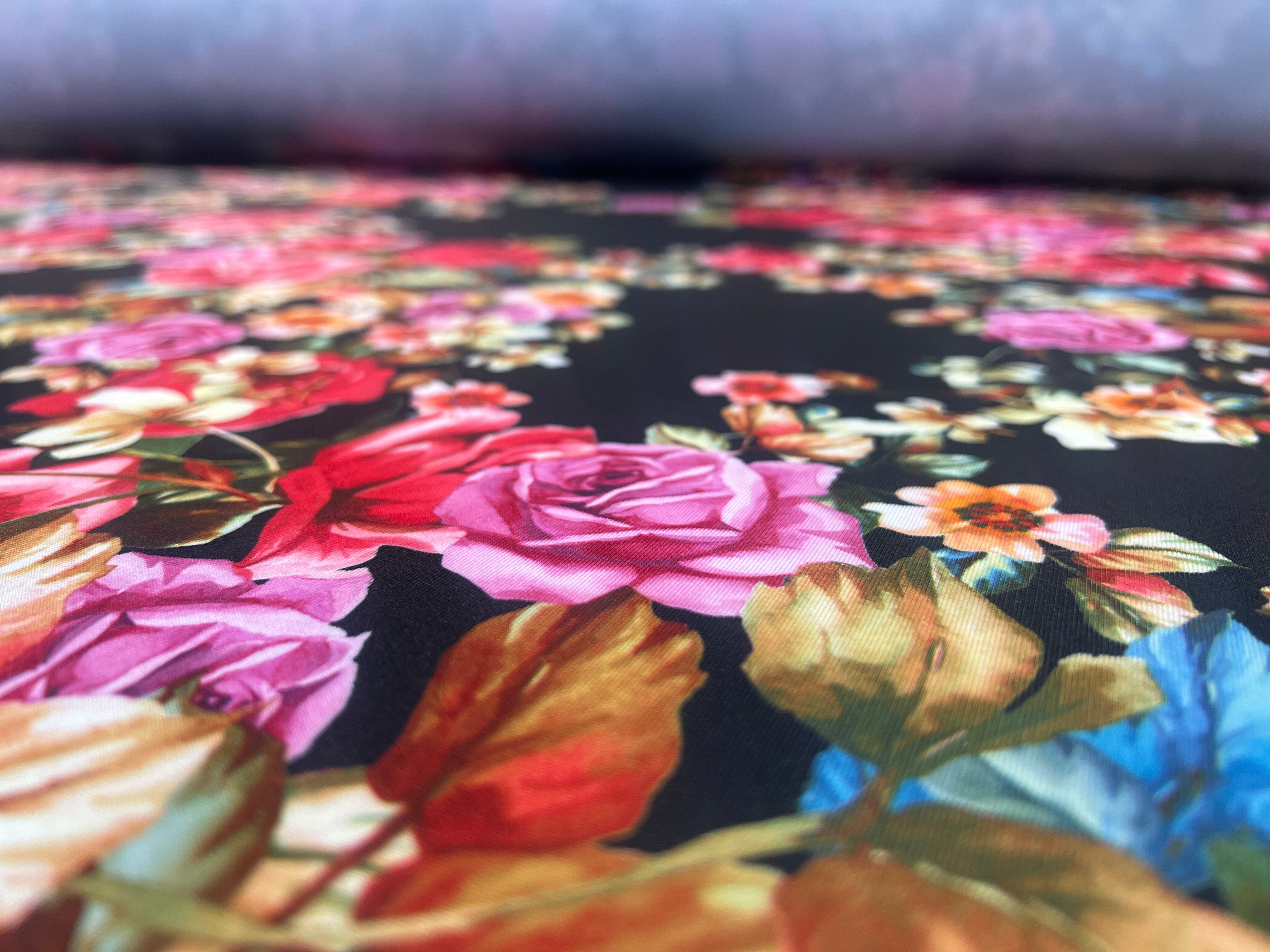 Black Multi Floral Scuba Fabric – Rose Print Stretch Scuba, 155cm Wide Dress Fabric
