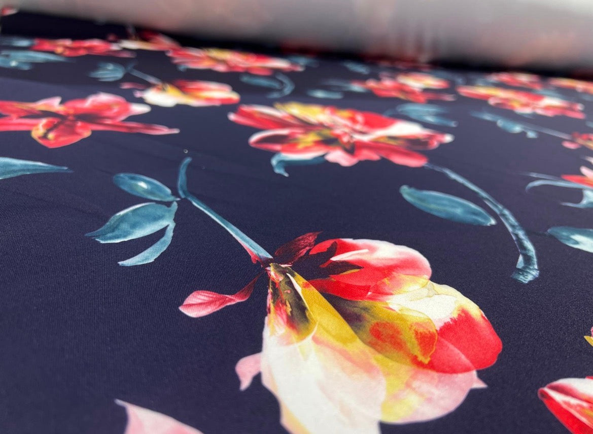 Navy Watercolour Floral Scuba Fabric – Red & Teal Blooms