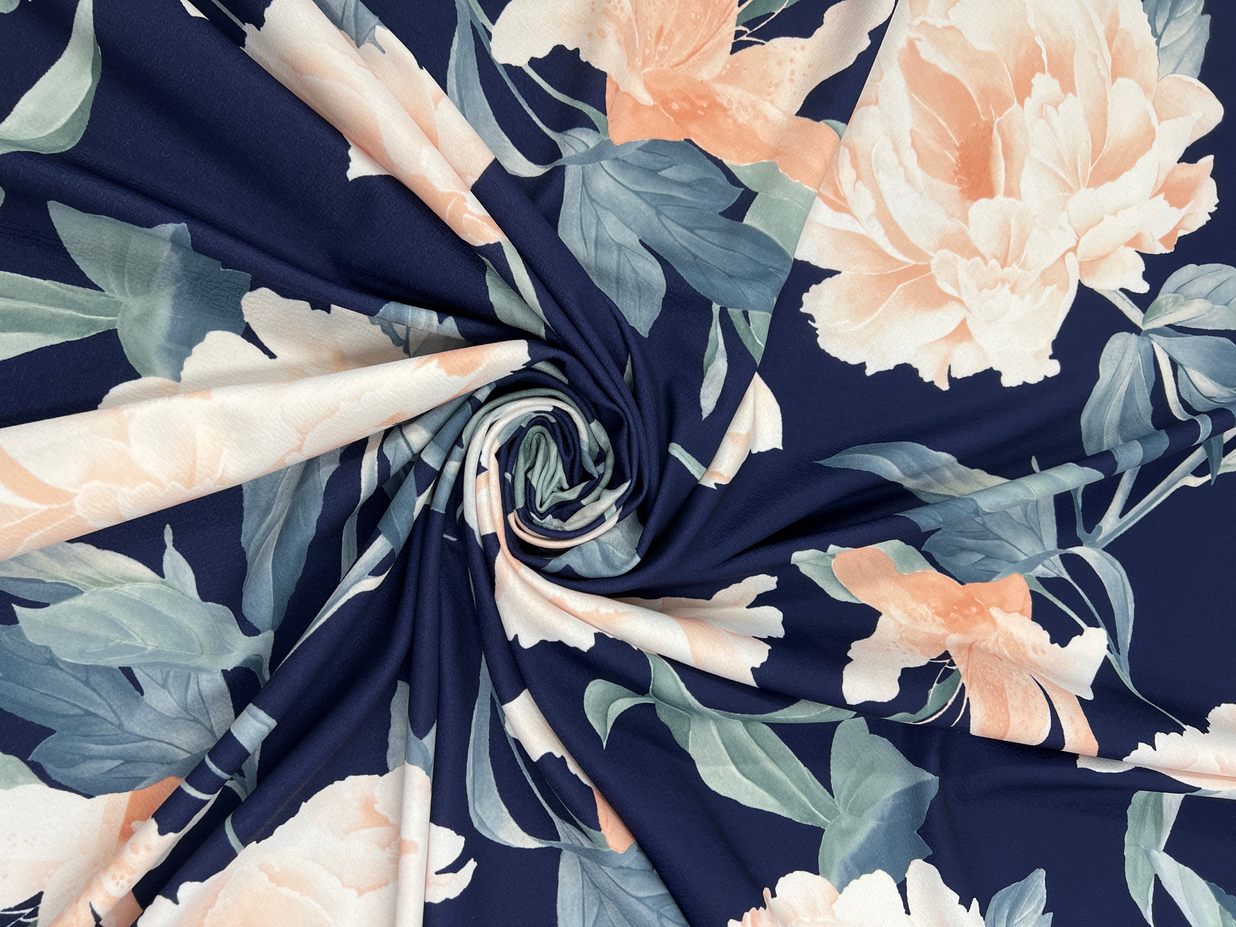 Blush Peony Floral Liverpool Fabric – Navy Blue & Sage