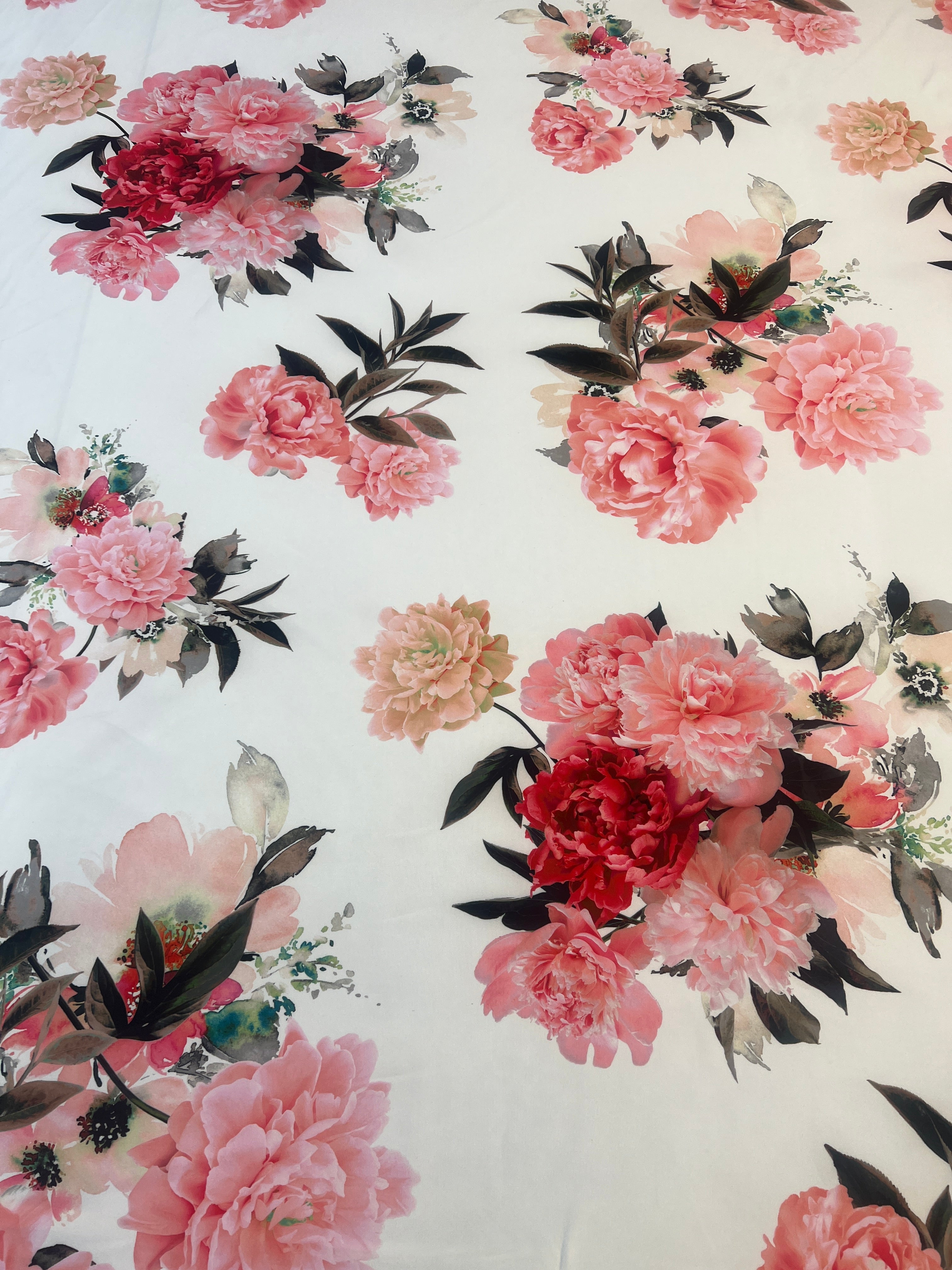 Ivory & Pink Floral Scuba Fabric – Peony Flower Print Stretch Scuba, 150cm Wide Dress Fabric