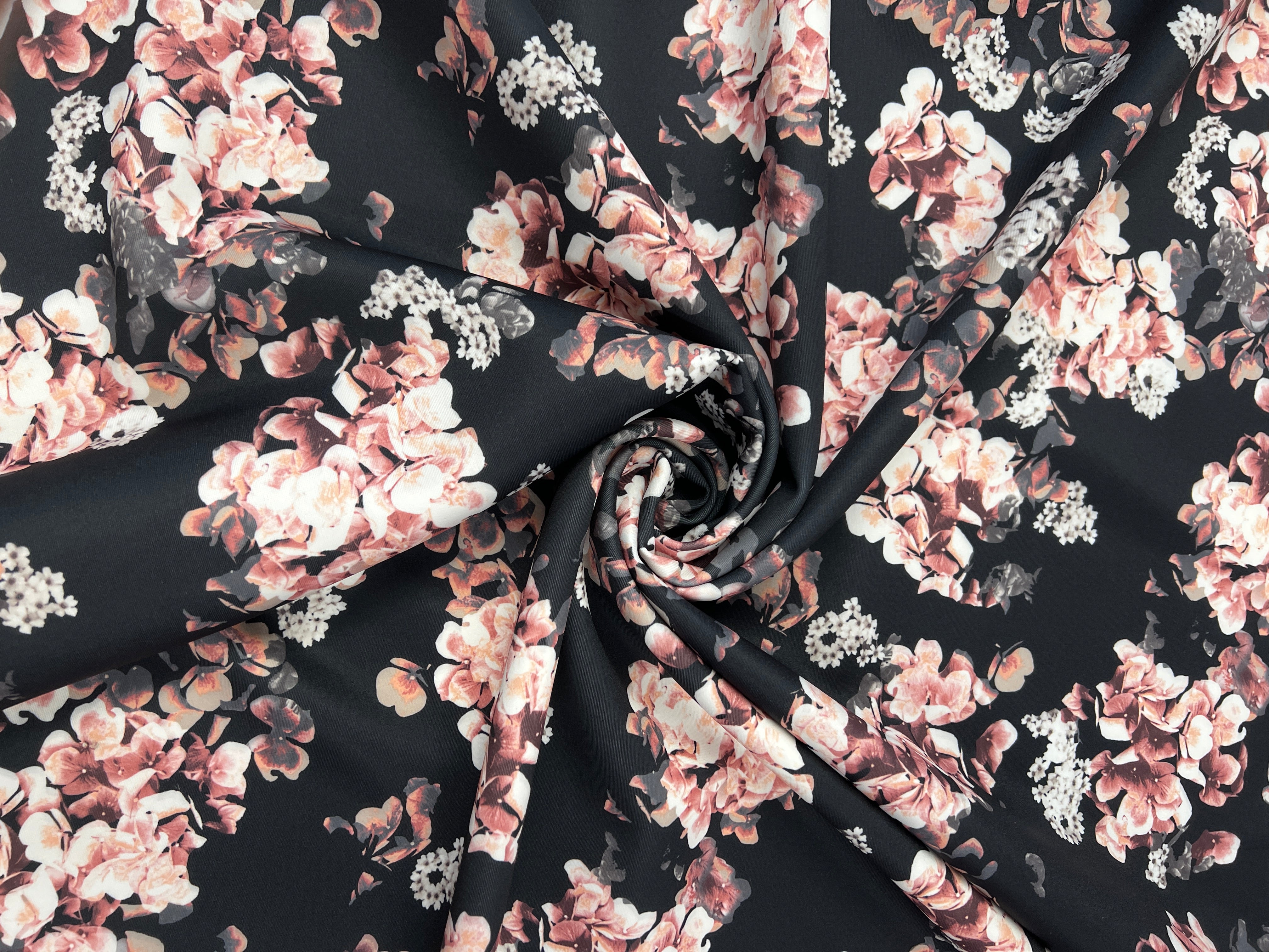 Blush Hydrangea Floral Scuba Fabric – Black, Pink & Ivory