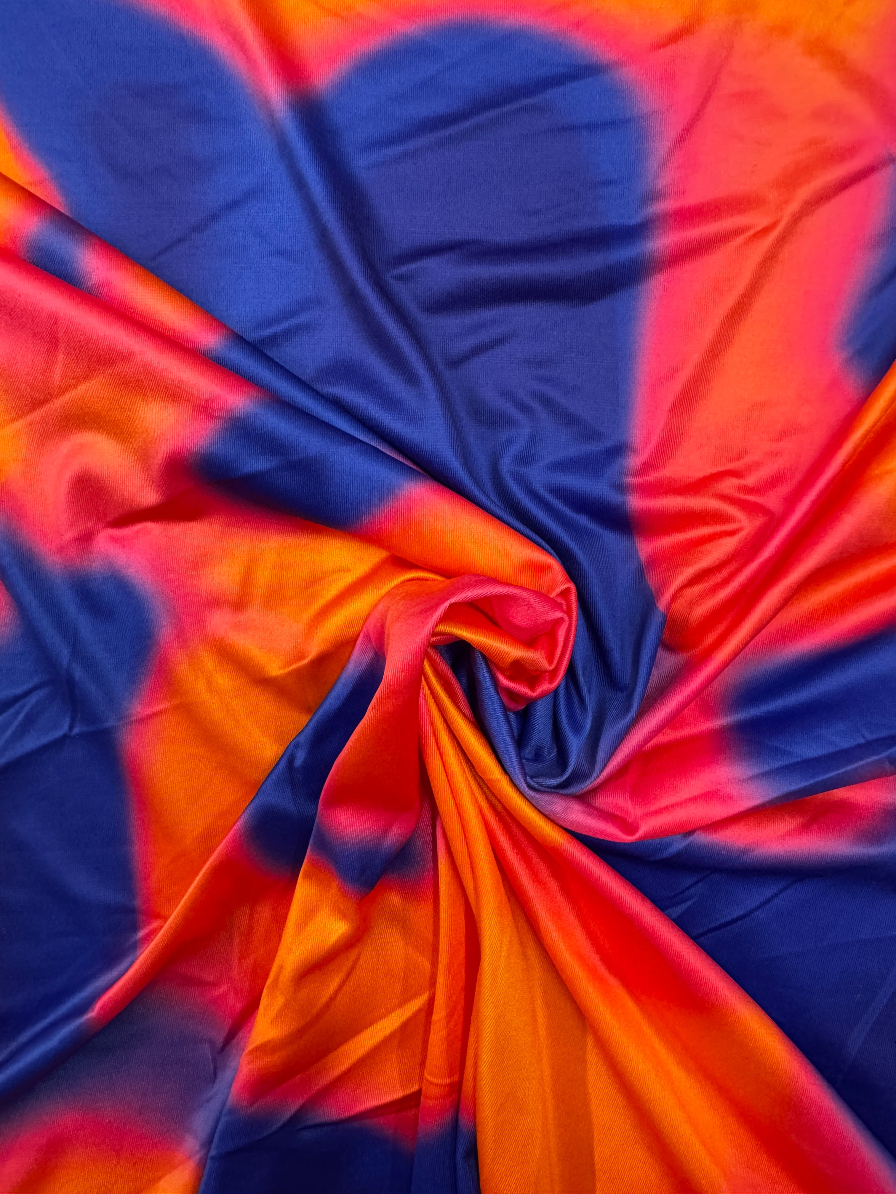 Abstract Neon Slinky Fabric – Vibrant Orange, Blue & Pink Fluid Stretch Textile