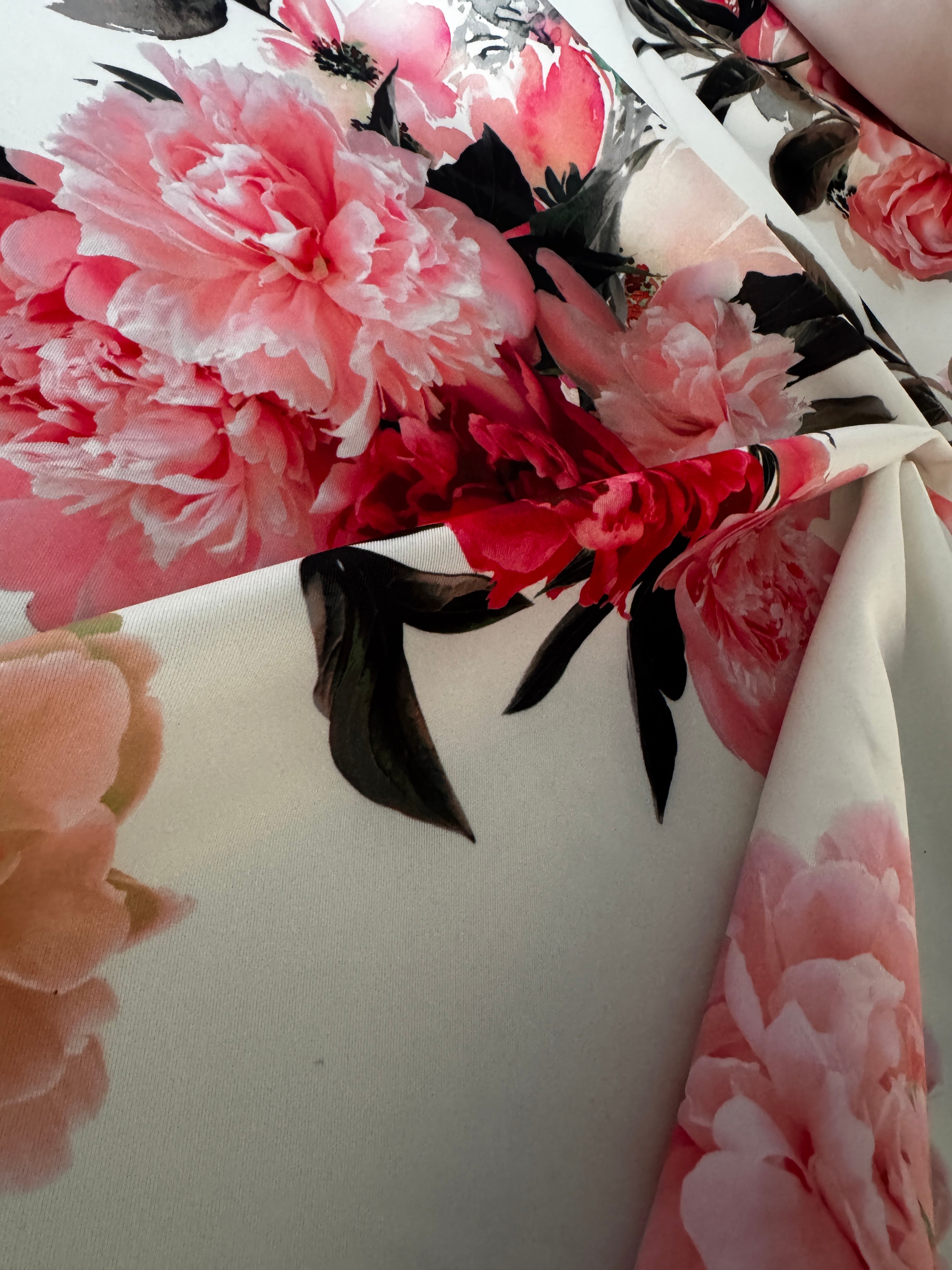 Elegant Blush Peony Floral Scuba Fabric on Soft Cream – 149cm Wide