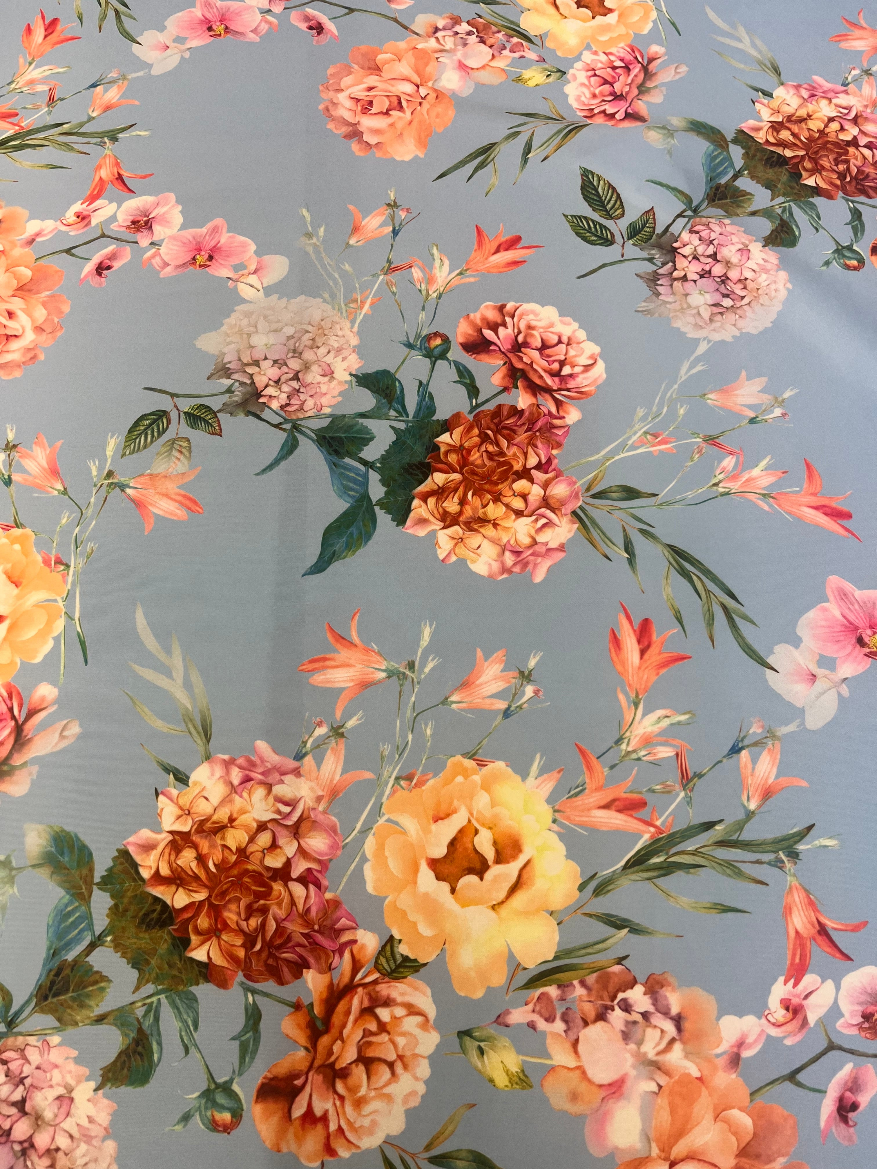 Powder Blue & Peach Garden Rose Floral Scuba Fabric – peach garden roses, yellow peonies and pink orchids on a powder blue ground