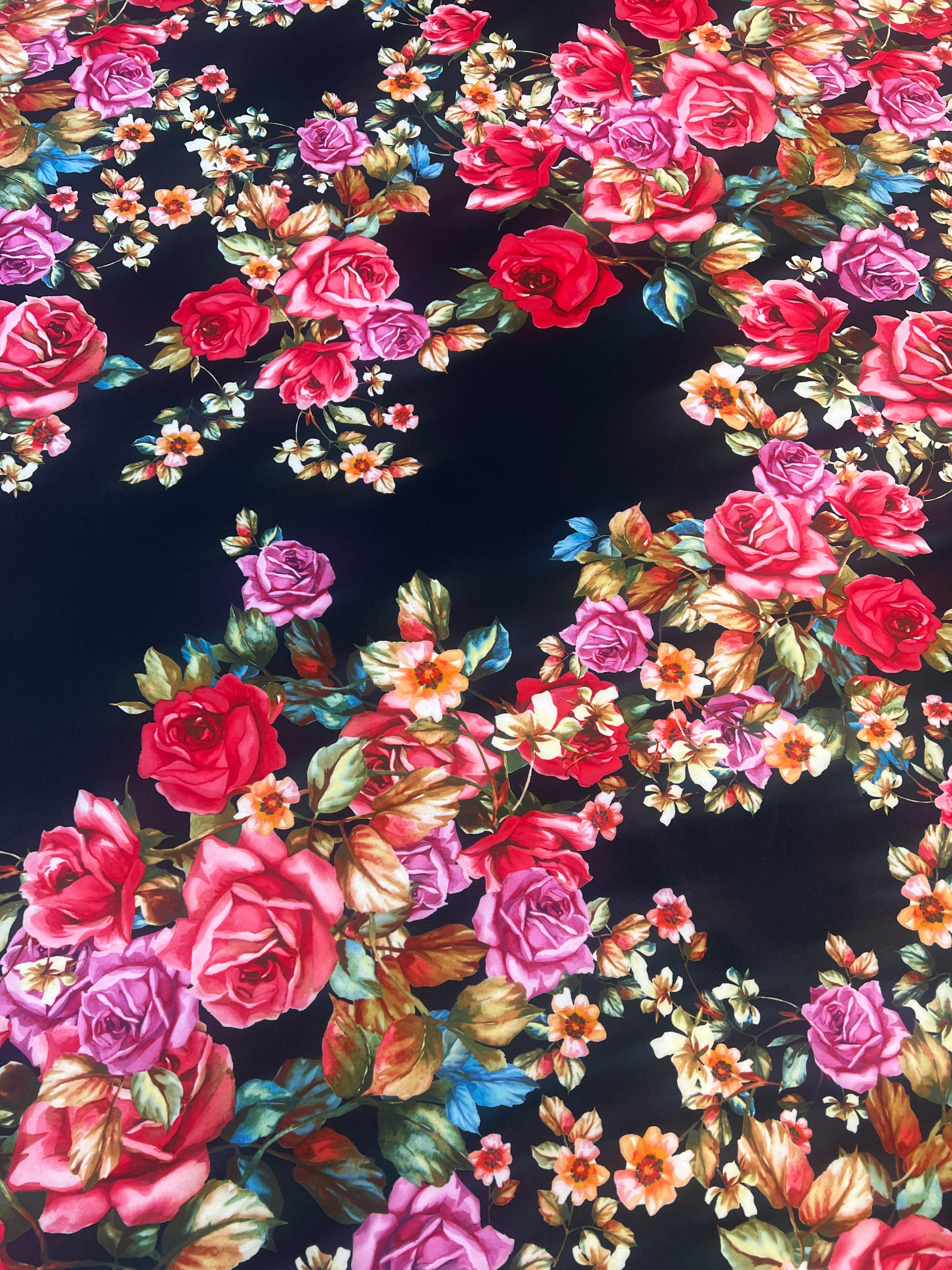 Black Multi Floral Scuba Fabric – Rose Print Stretch Scuba, 155cm Wide Dress Fabric