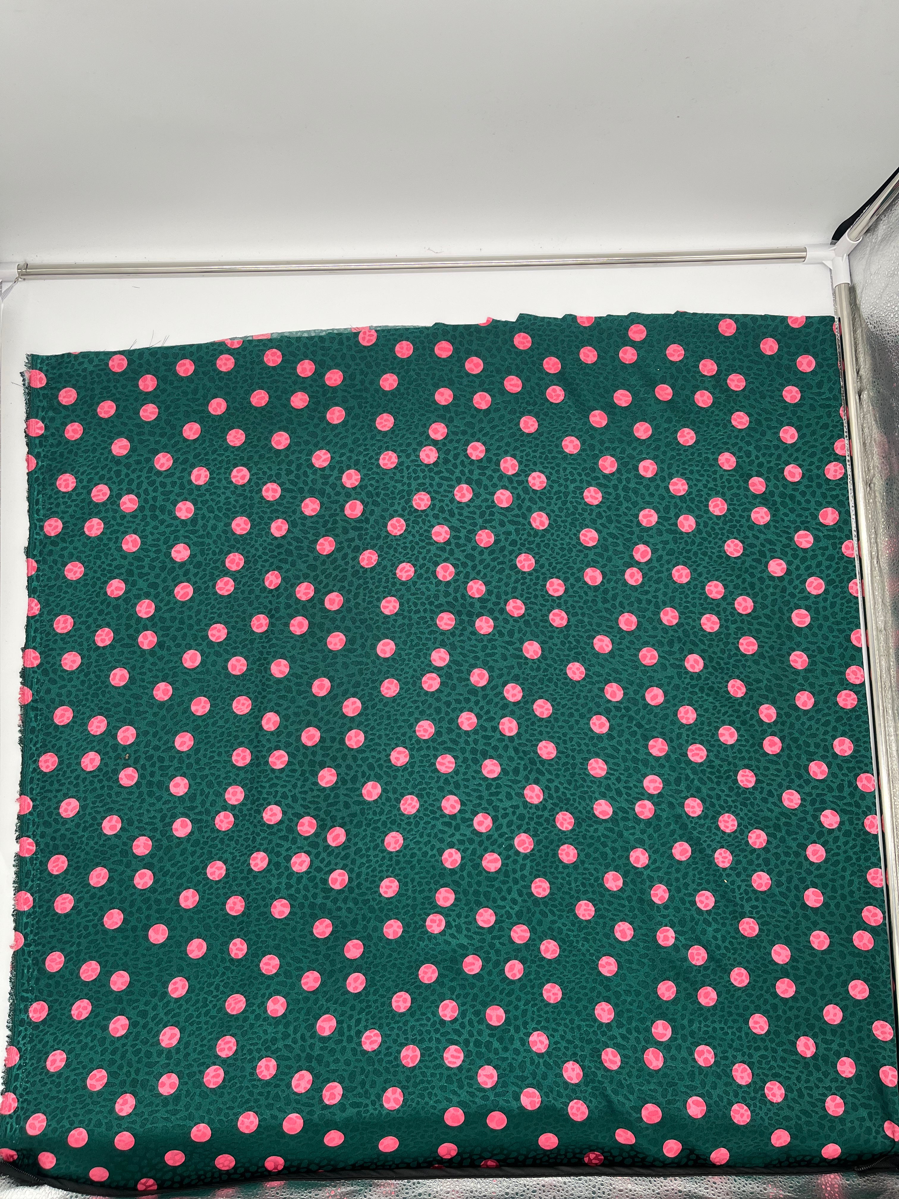 Green Satin Fabric with Pink Polka Dot Print 148cm