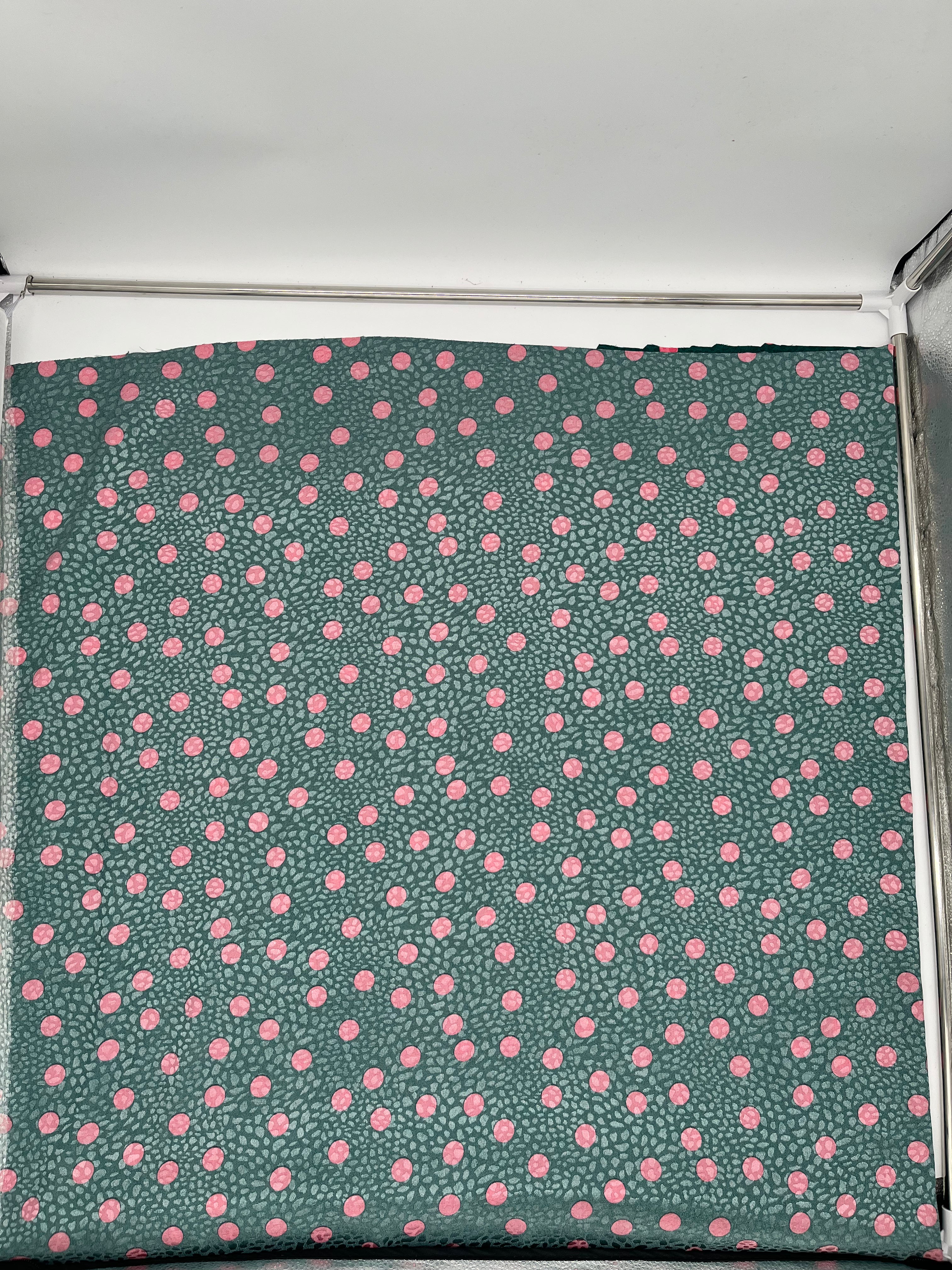 Green Satin Fabric with Pink Polka Dot Print 148cm