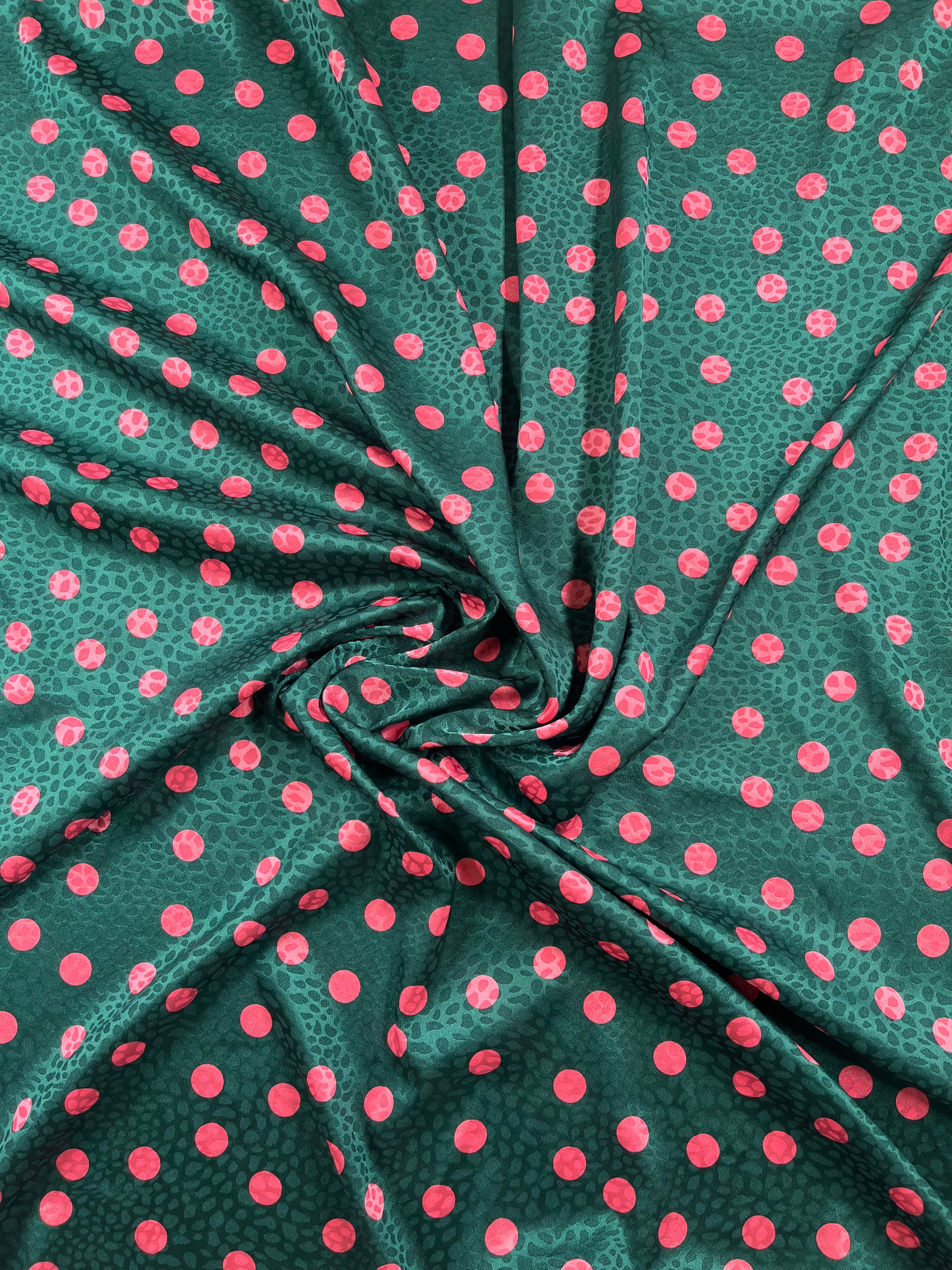 Green Satin Fabric with Pink Polka Dot Print 148cm