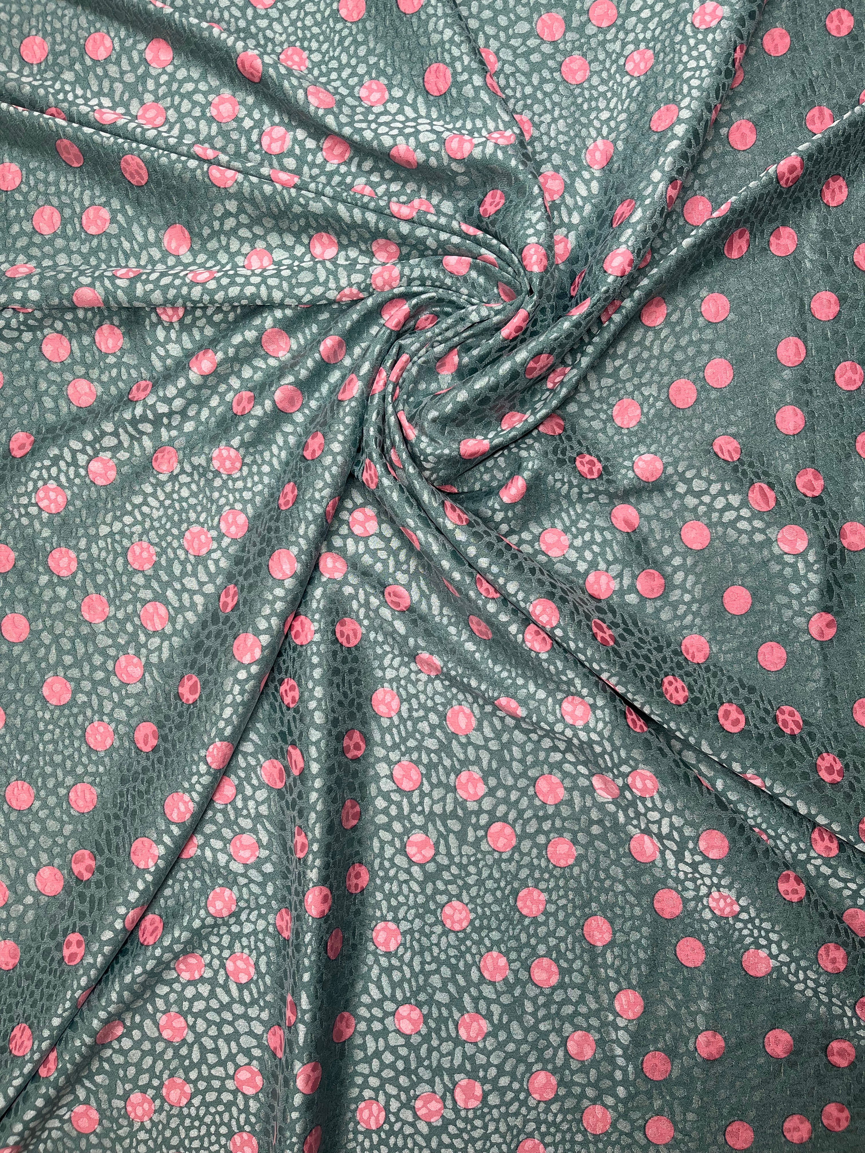Green Satin Fabric with Pink Polka Dot Print 148cm