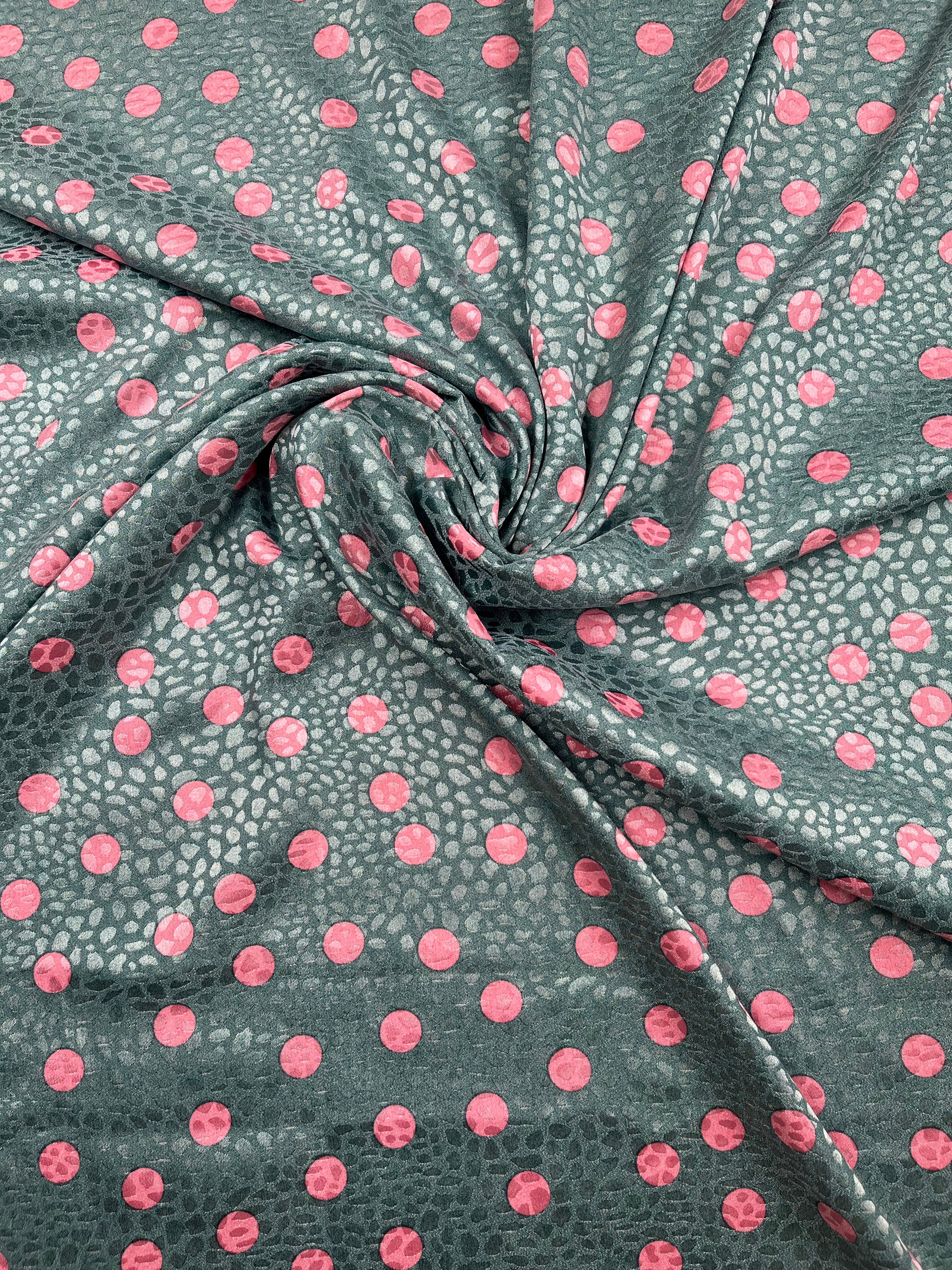 Green Satin Fabric with Pink Polka Dot Print 148cm