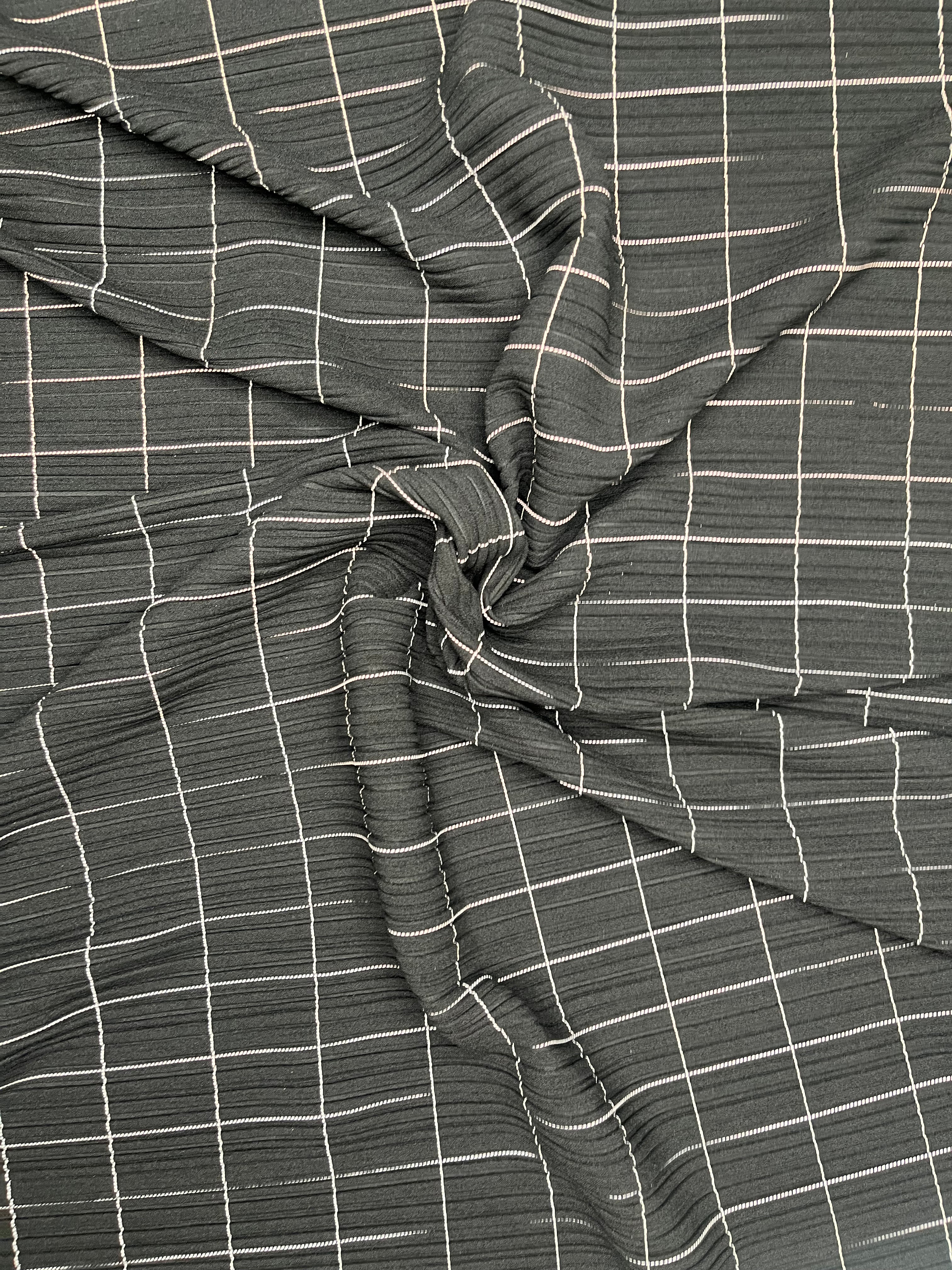 Black & White Grid Check Plisse Pleated Stretch Fabric 155cm