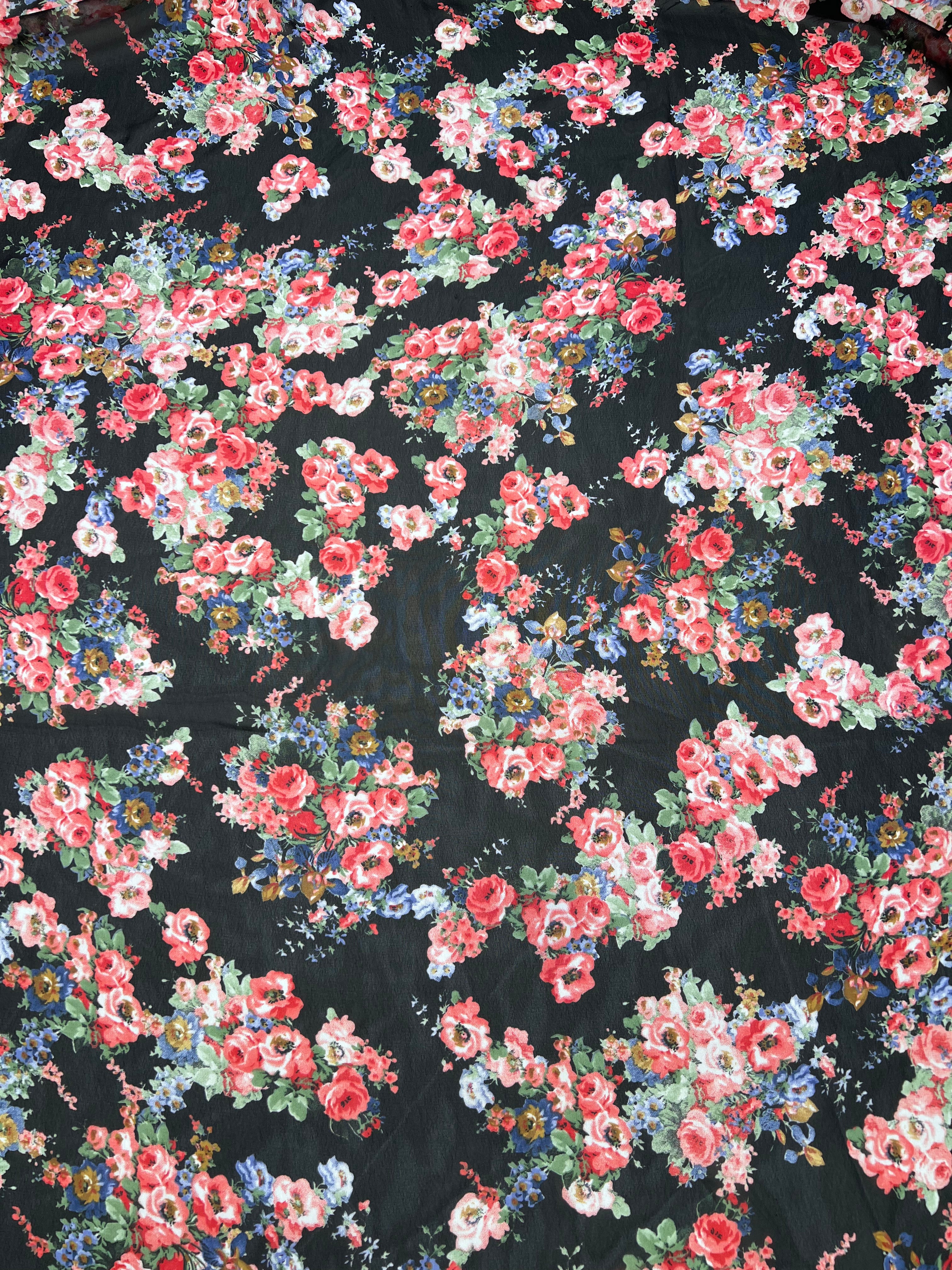 Black Chiffon Sheer Red Rose Fabric Romantic Floral Print 140cm