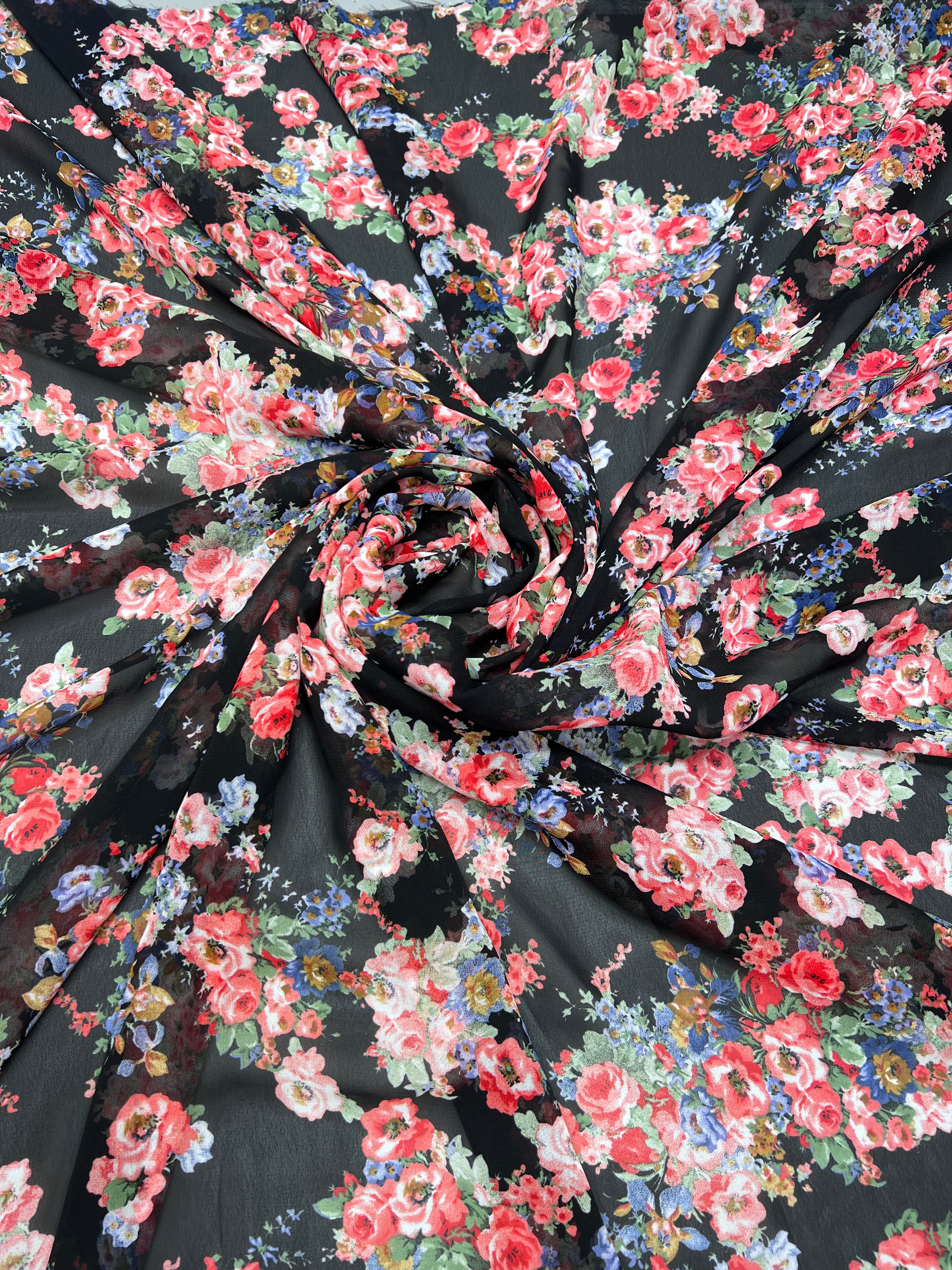 Black Chiffon Sheer Red Rose Fabric Romantic Floral Print 140cm
