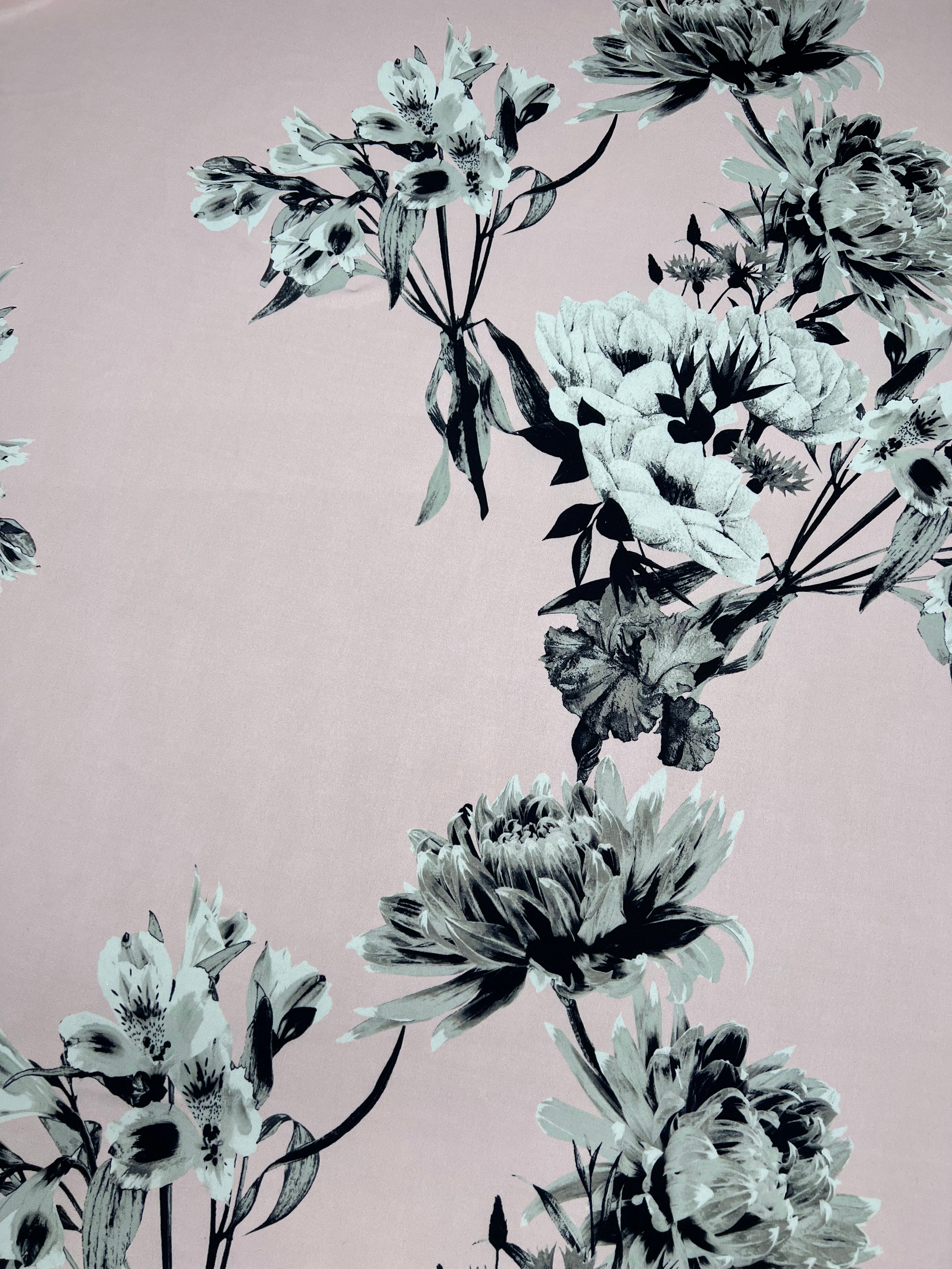 Pink Monochrome Floral Slinky Soft Stretch Drape Dressmaking Fabric 150cm