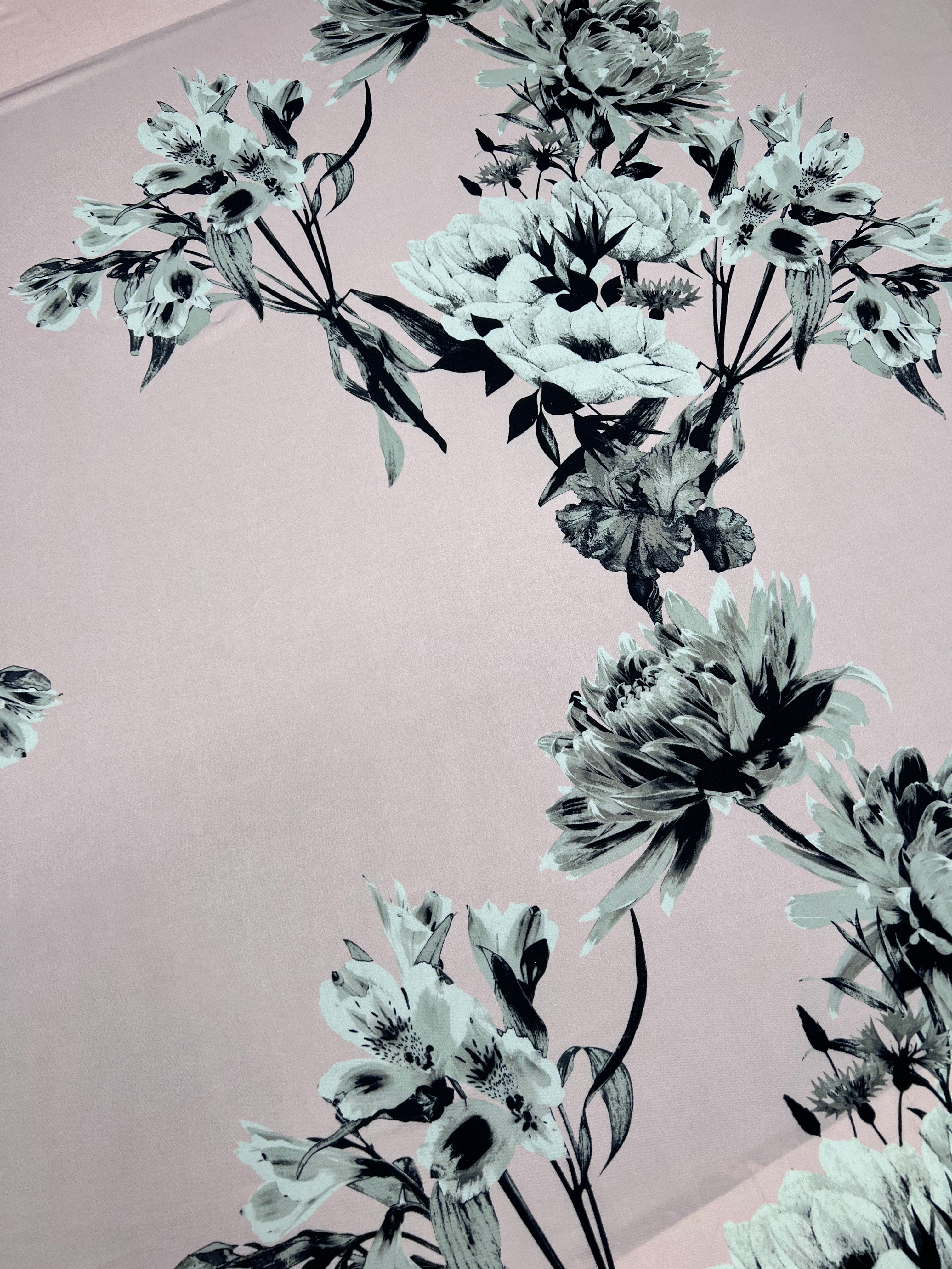 Pink Monochrome Floral Slinky Soft Stretch Drape Dressmaking Fabric 150cm