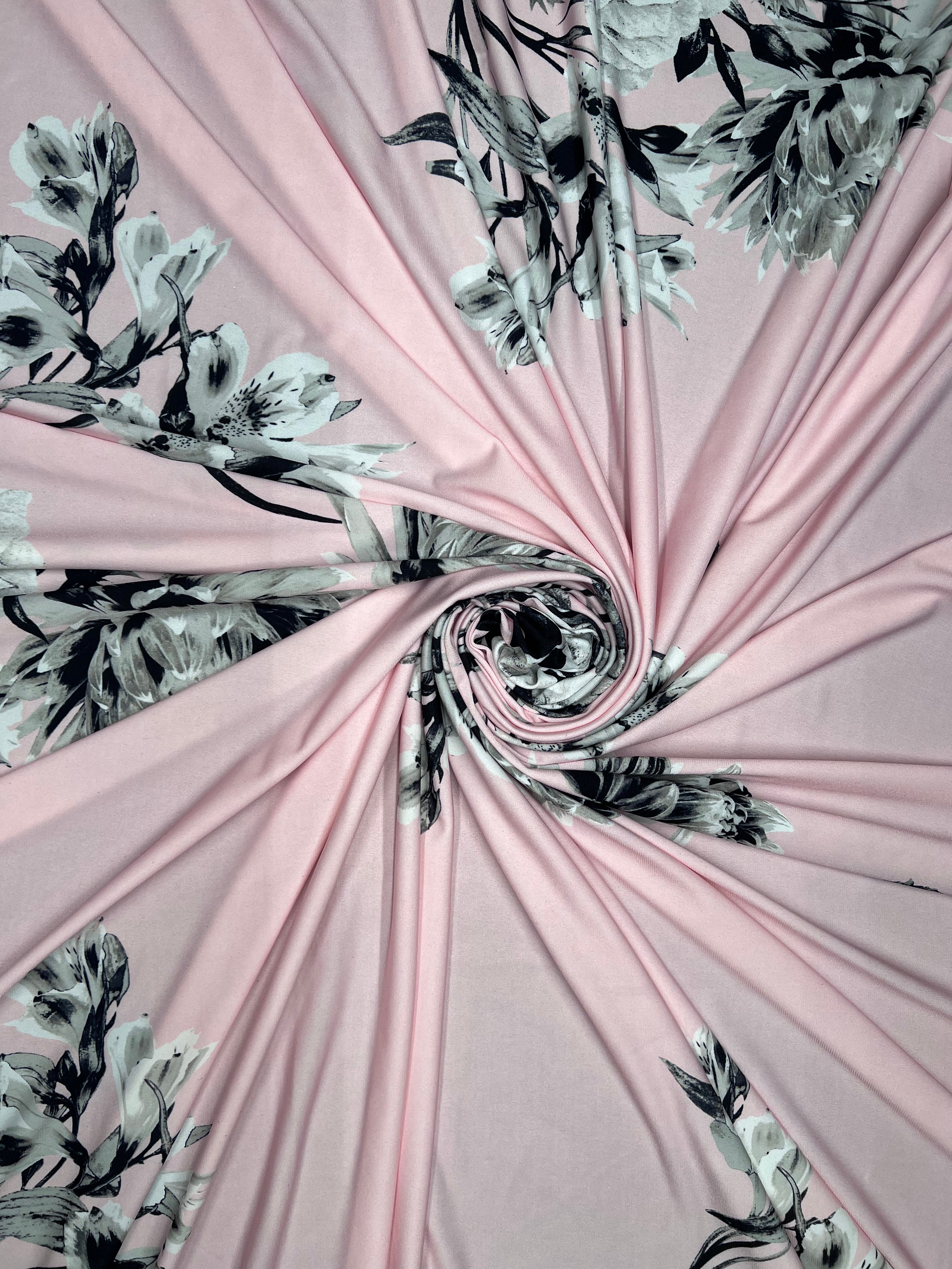Pink Monochrome Floral Slinky Soft Stretch Drape Dressmaking Fabric 150cm