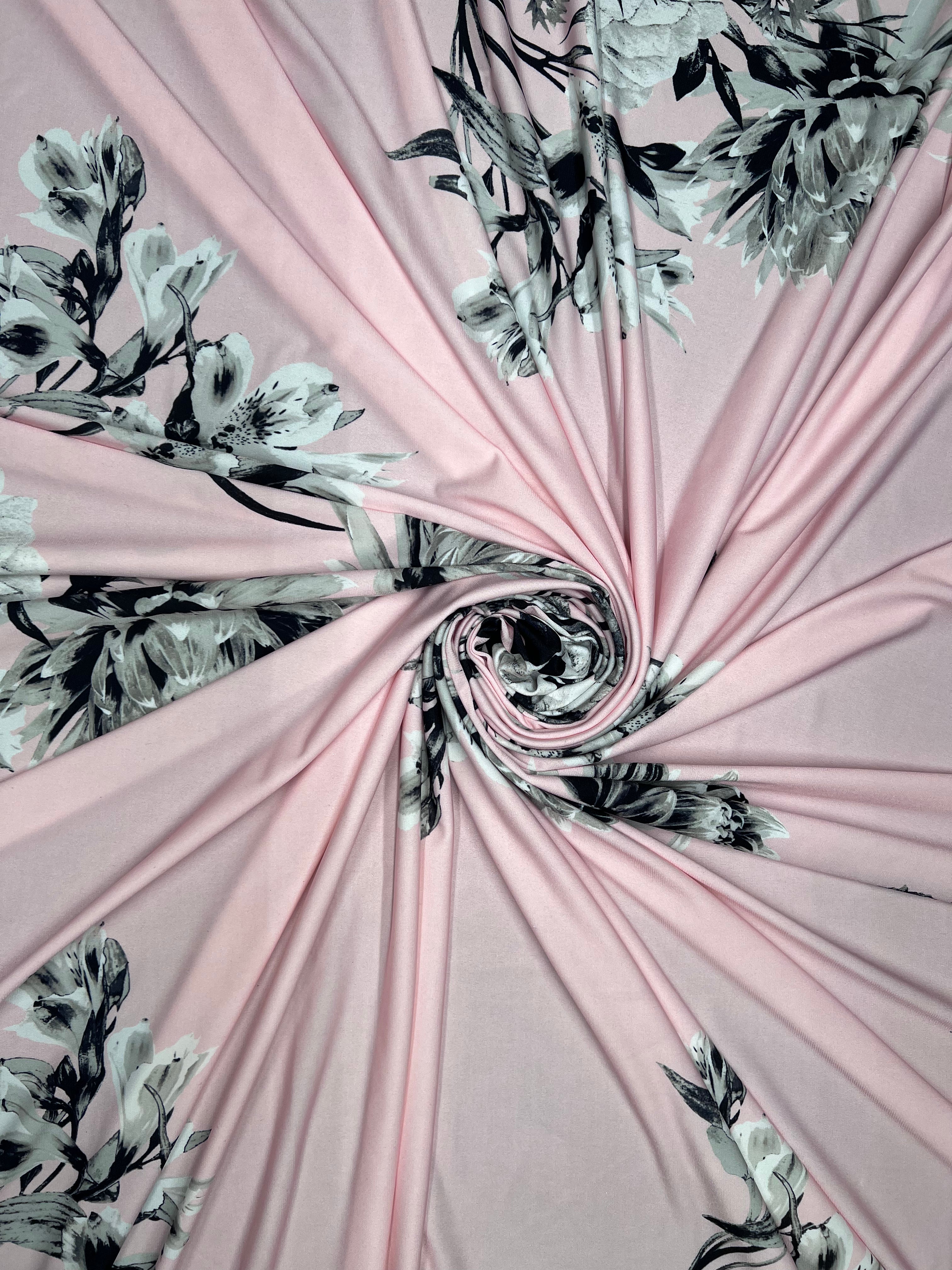 Pink Monochrome Floral Slinky Soft Stretch Drape Dressmaking Fabric 150cm