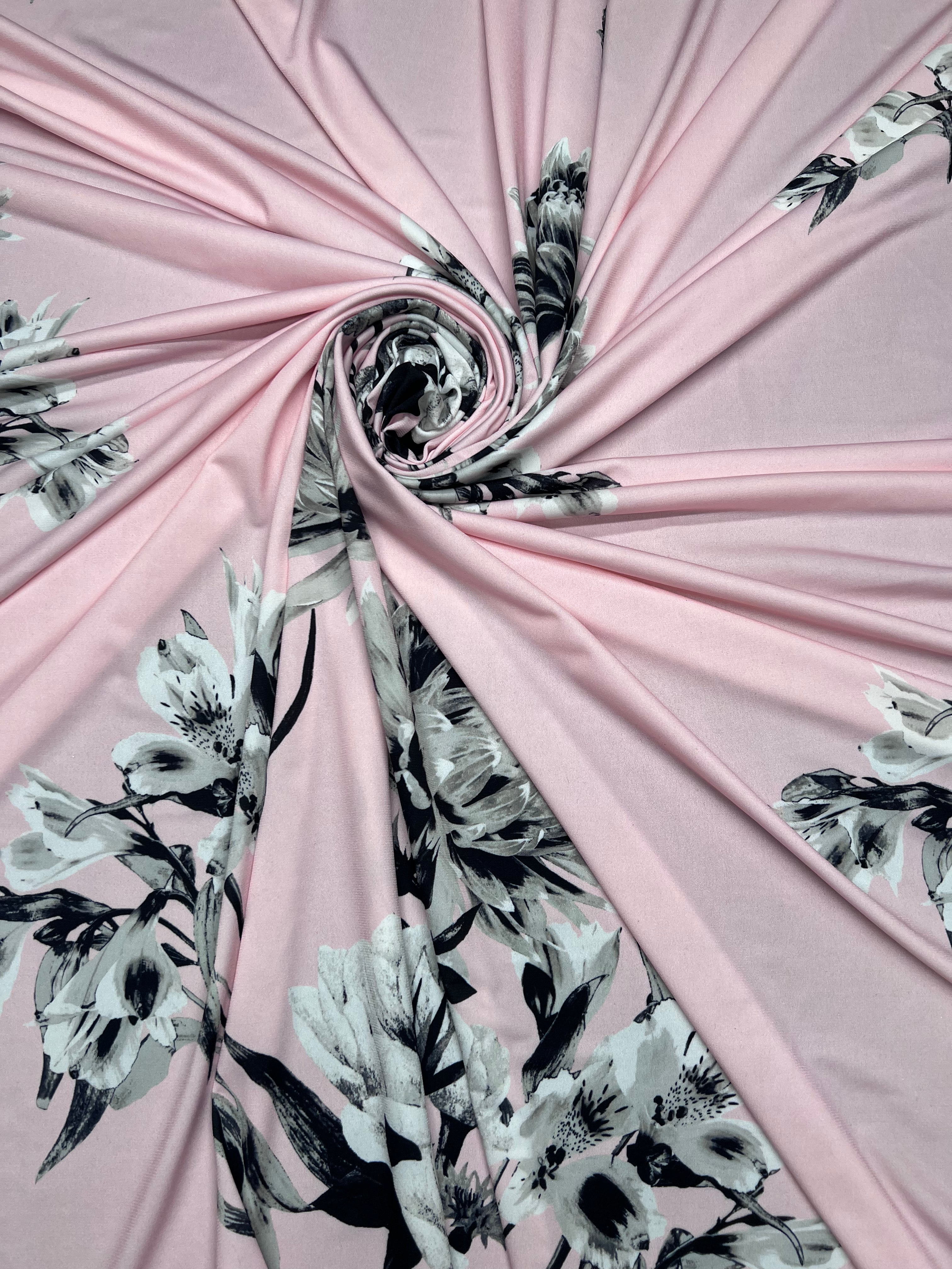 Pink Monochrome Floral Slinky Soft Stretch Drape Dressmaking Fabric 150cm