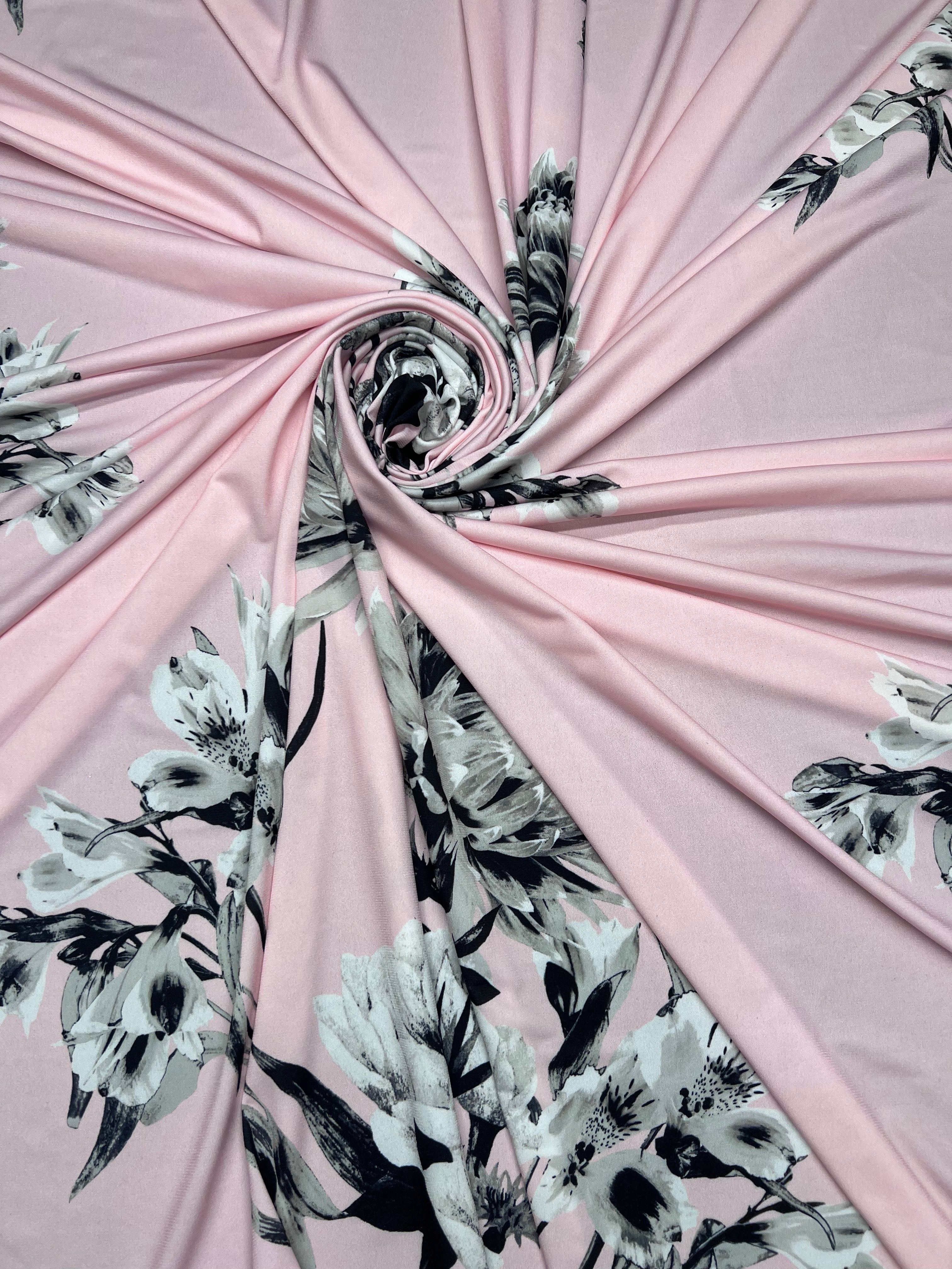 Pink Monochrome Floral Slinky Soft Stretch Drape Dressmaking Fabric 150cm