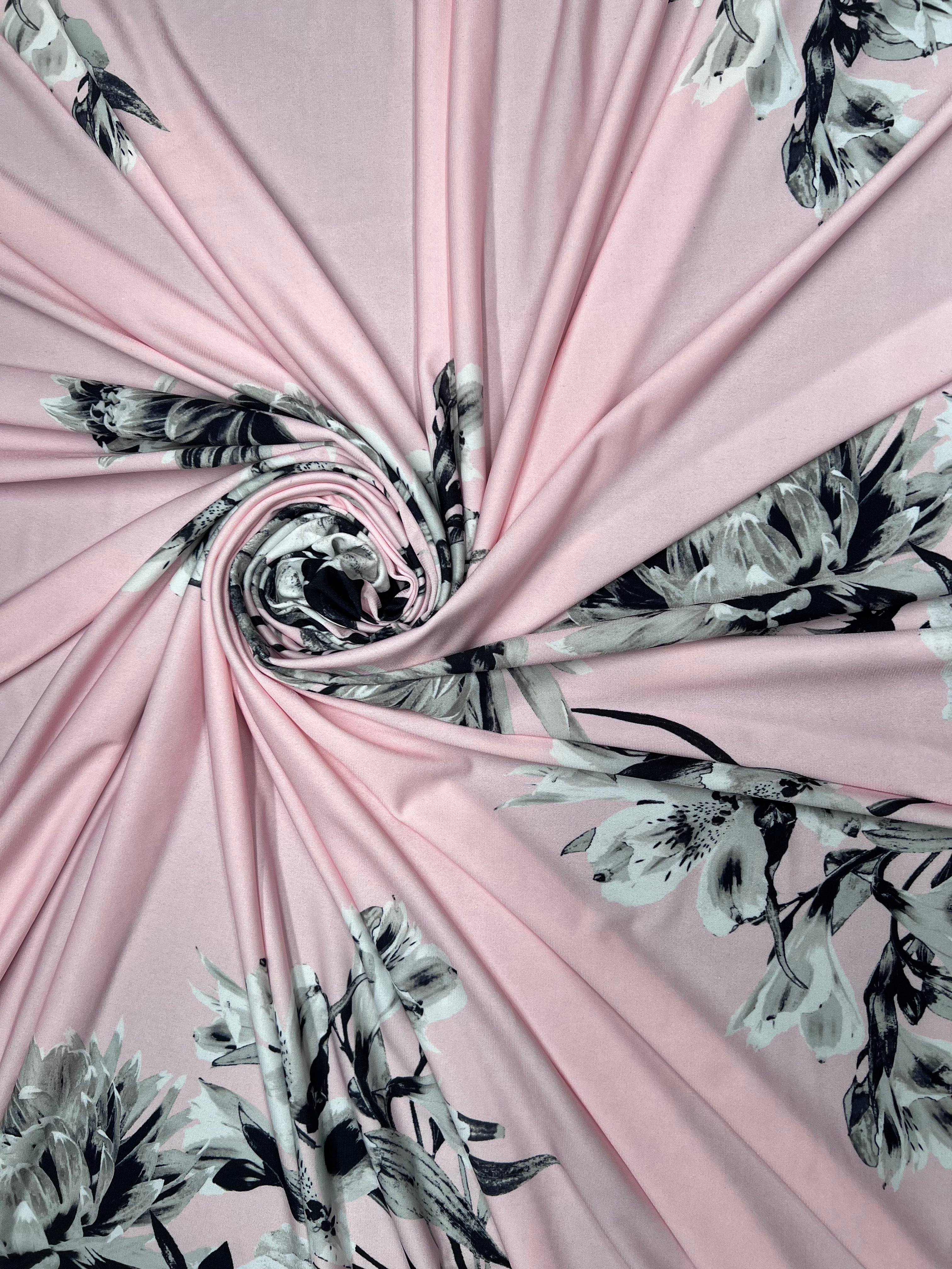 Pink Monochrome Floral Slinky Soft Stretch Drape Dressmaking Fabric 150cm