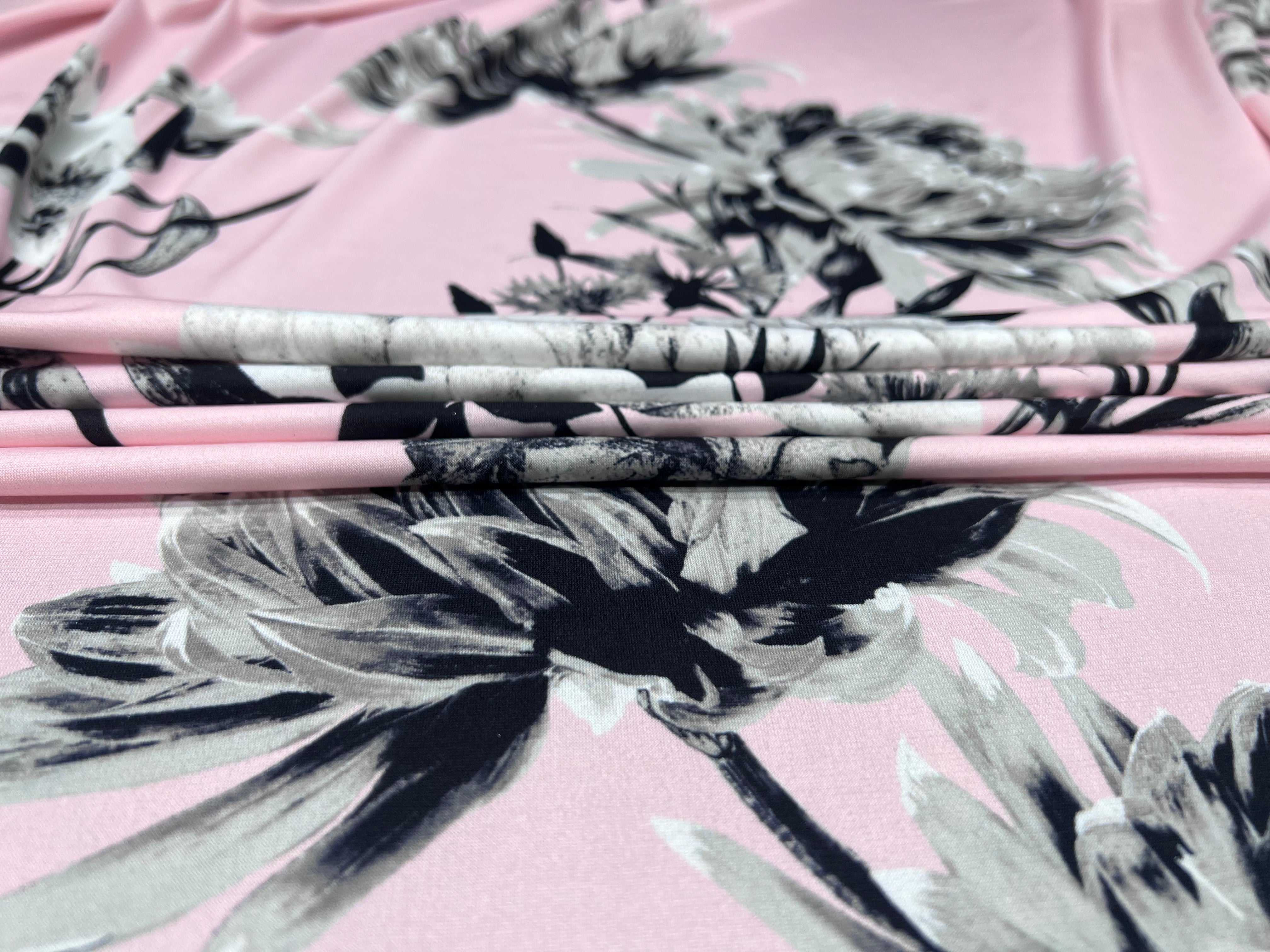 Pink Monochrome Floral Slinky Soft Stretch Drape Dressmaking Fabric 150cm